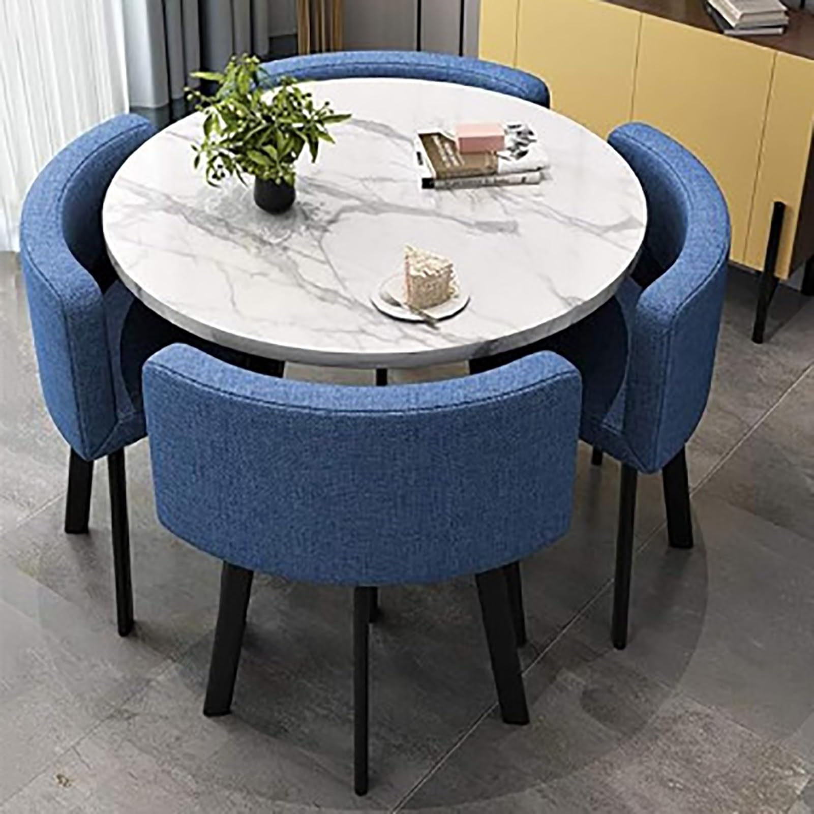 WOTZOV Modern White Kitchen Dining Table Set For 4 Space Saving Round Breakfast Table With Chairs,Blue 70cm/27.5in