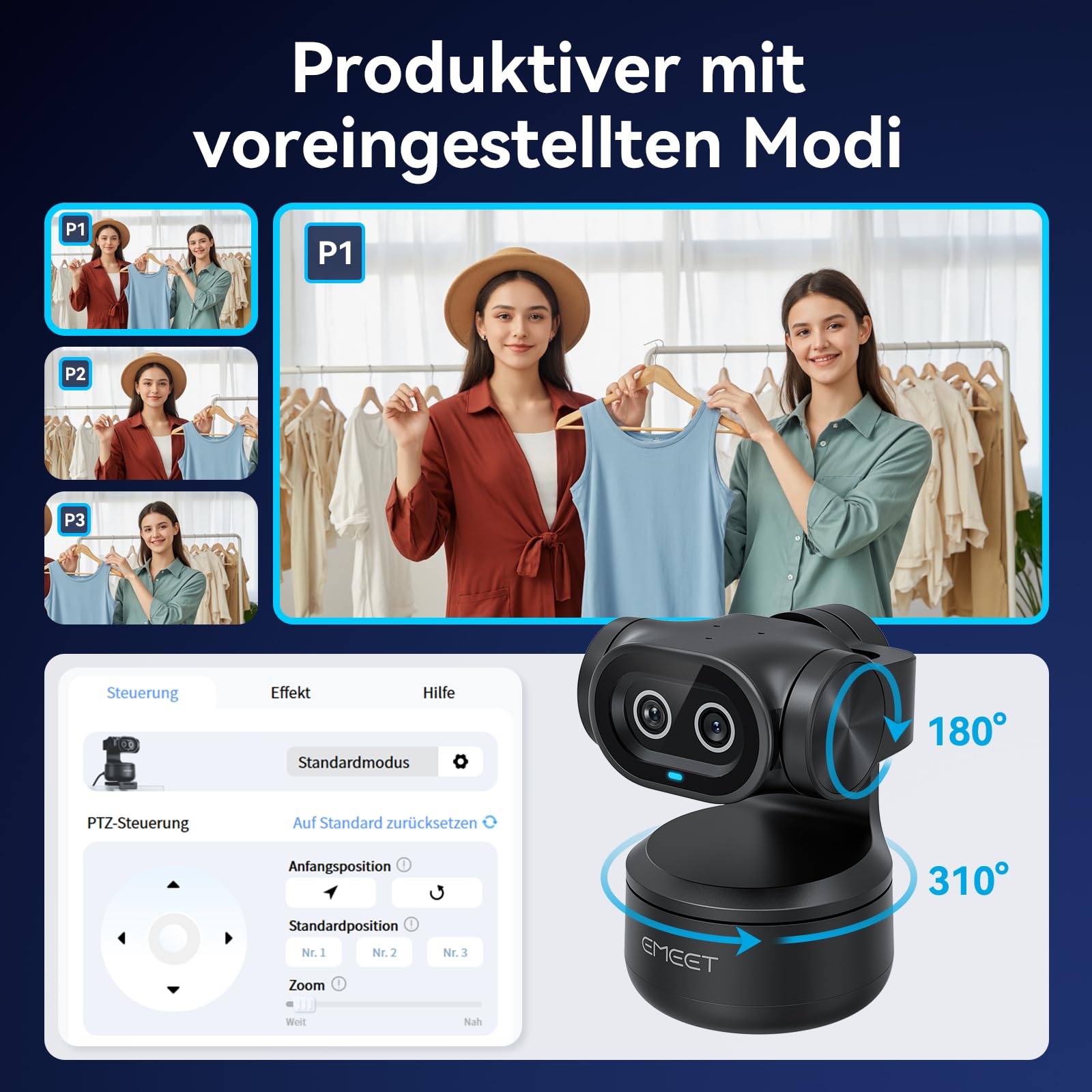 EMEET PIXY Dual-Kamera KI-gestützte PTZ-Kamera 4K, KI-Tracking, 0,2 s Schneller Fokus, mit Sony-Sensor, 3 Mikrofone, Gestensteuerung, 4K Webcam für Streaming und kompatibel mit OBS/Twitch/Switch 2