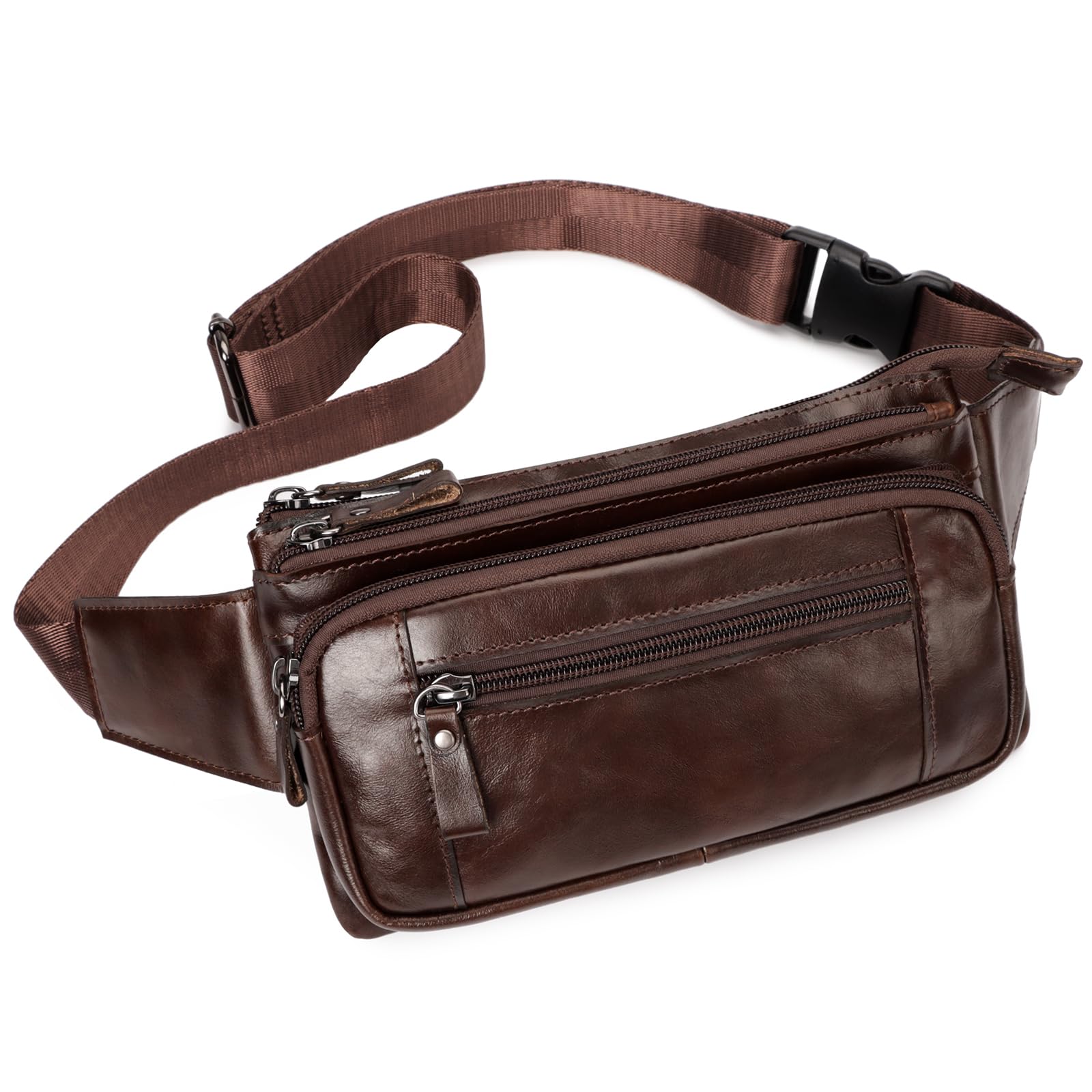 Leather Fanny Pack for Men Women, Belt Bag Fashion Waist Packs Small Crossbody Bag with Adjustable Strap for Travel Sport Walk (Coffee)