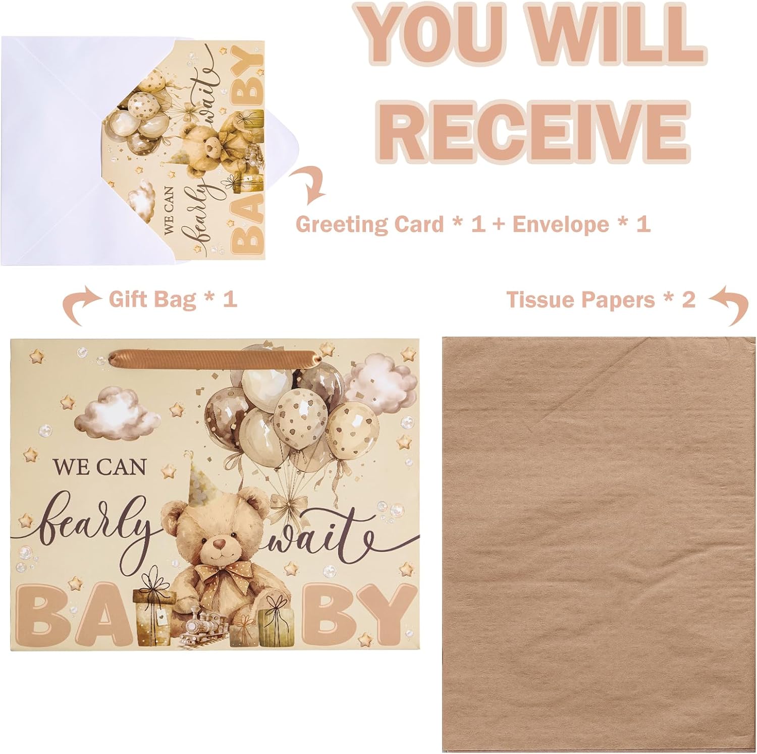 WRAPAHOLIC 13" Bear Baby Shower Birthday Gift Bags with Tissue Paper and Card - Brown Teddy Bear Paper Bags for Kids Boys Girls Birthday Party Baby Shower Supplies image 3