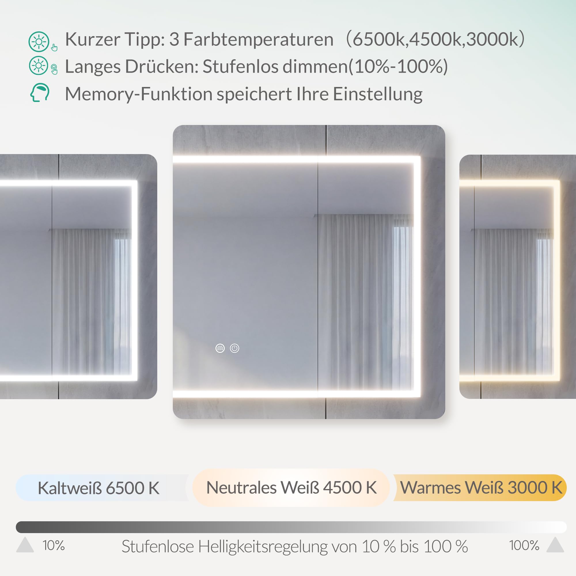Spiegelschrank Bad mit Beleuchtung – 3 Farbtemperaturen dimmbar & verstellbare Böden, komplett vormontiert mit Steckdose (EU), Type-C & USB, Antibeschlag & IP44 – 95x60x14cm Weiß