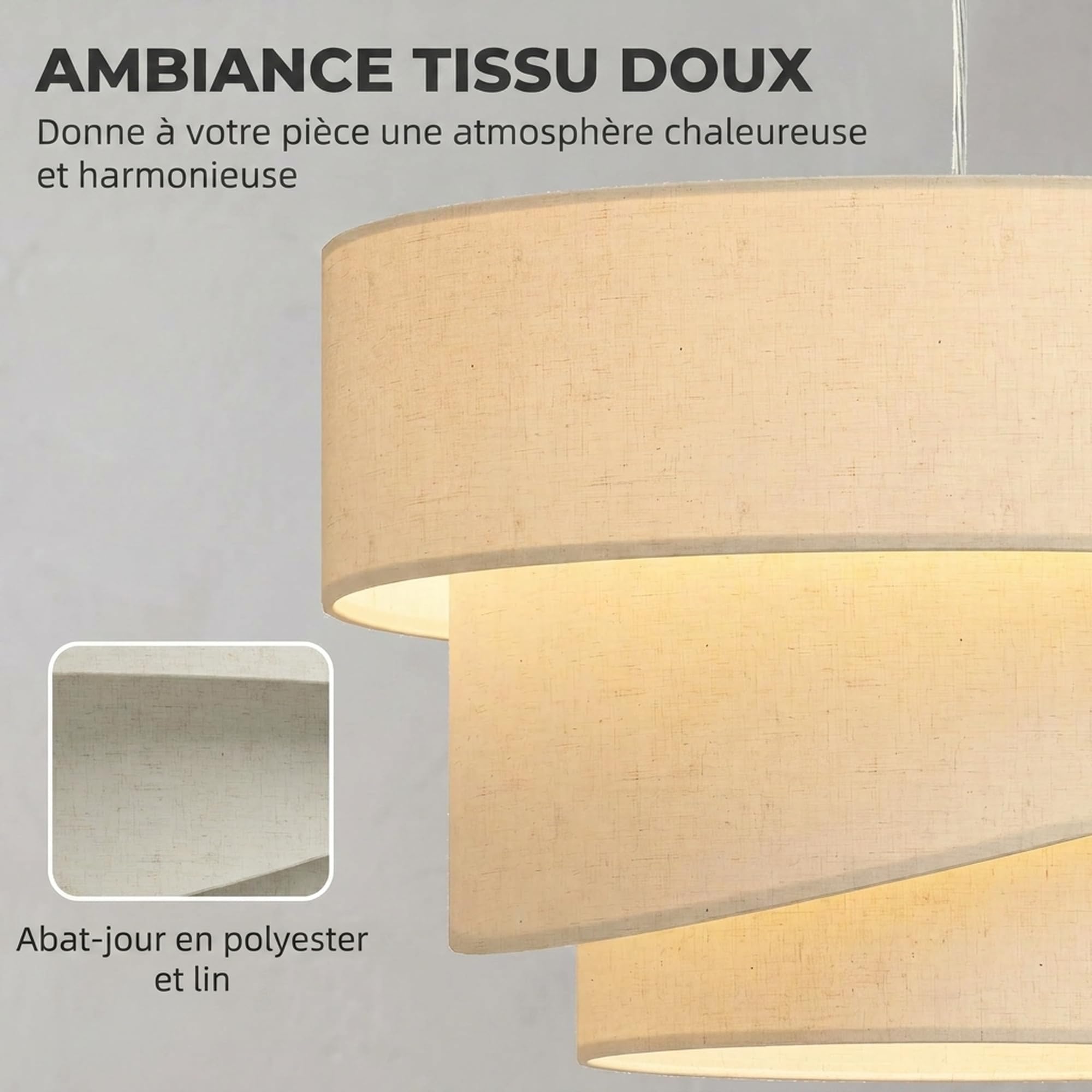 HOMCOM Suspension Luminaire à 3 Abat-Jour Effet Lin, Rosace Dorée