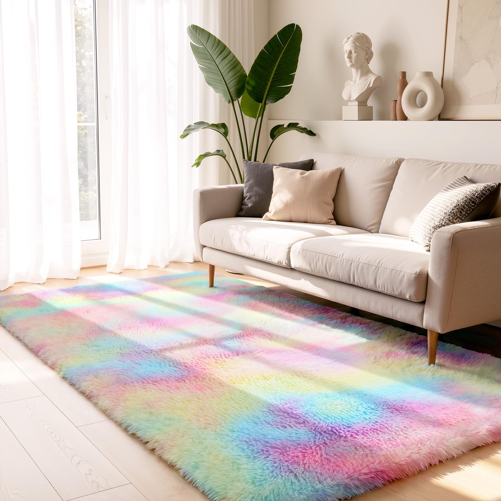 LNZHAO Rugs Living Room 150x80 CM: Small Area Rugs for Bedroom – Fluffy Shaggy Rug Washable Modern Carpet – Soft Non Slip Rug Bedside Rug for Kids Room, Lounge, Dining Room, Rainbow