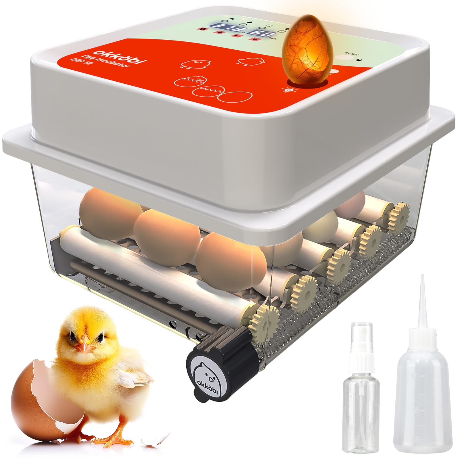 Couveuse Automatique 12 Oeufs Obi-12 - Retournement - Adapté à Tous Âges | Fenêtre d'Observation Intégrée, Suivi du Développement des Embryons, Mousse Isolante Incluse - Orange