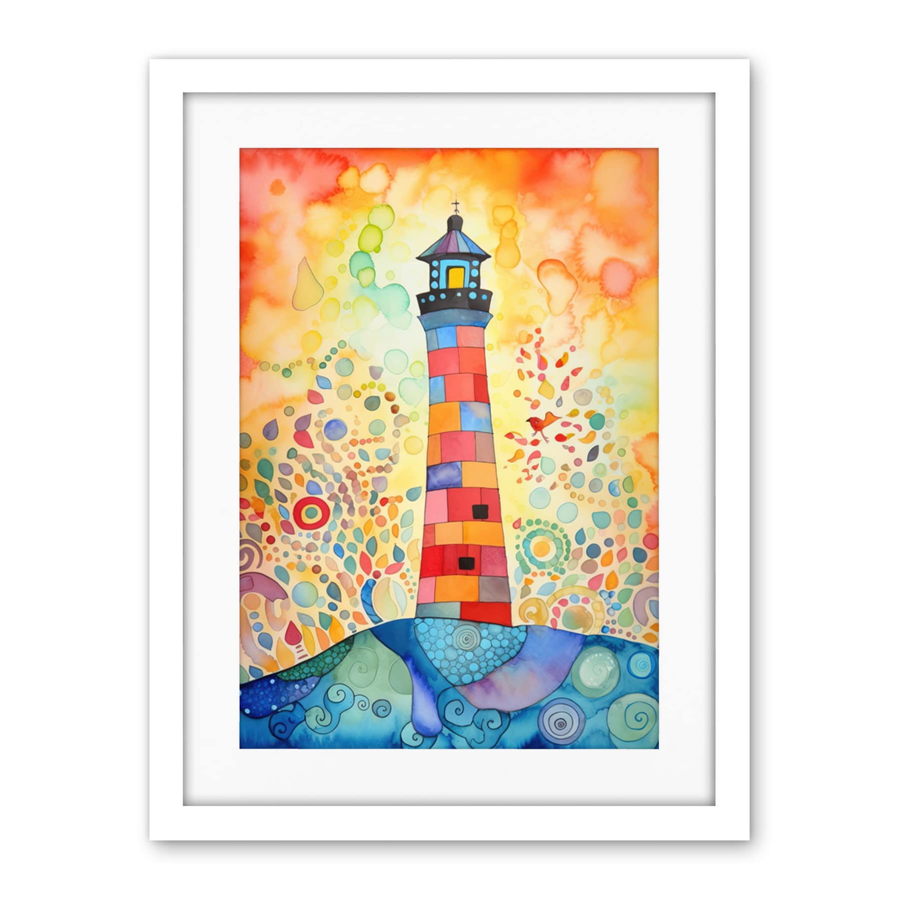 Artery8 Lighthouse At Sunset Dreamy Folk Art Watercolour Painting Artwork Framed Wall Art Print 18X24 Inch