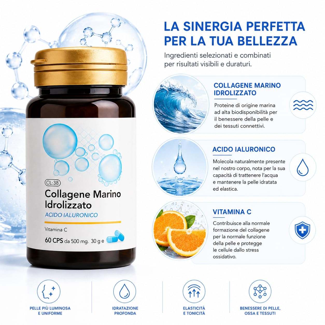 Collagene Marino Idrolizzato 240 Compresse | Acido Ialuronico, Pelle, Capelli, Unghie, Articolazioni