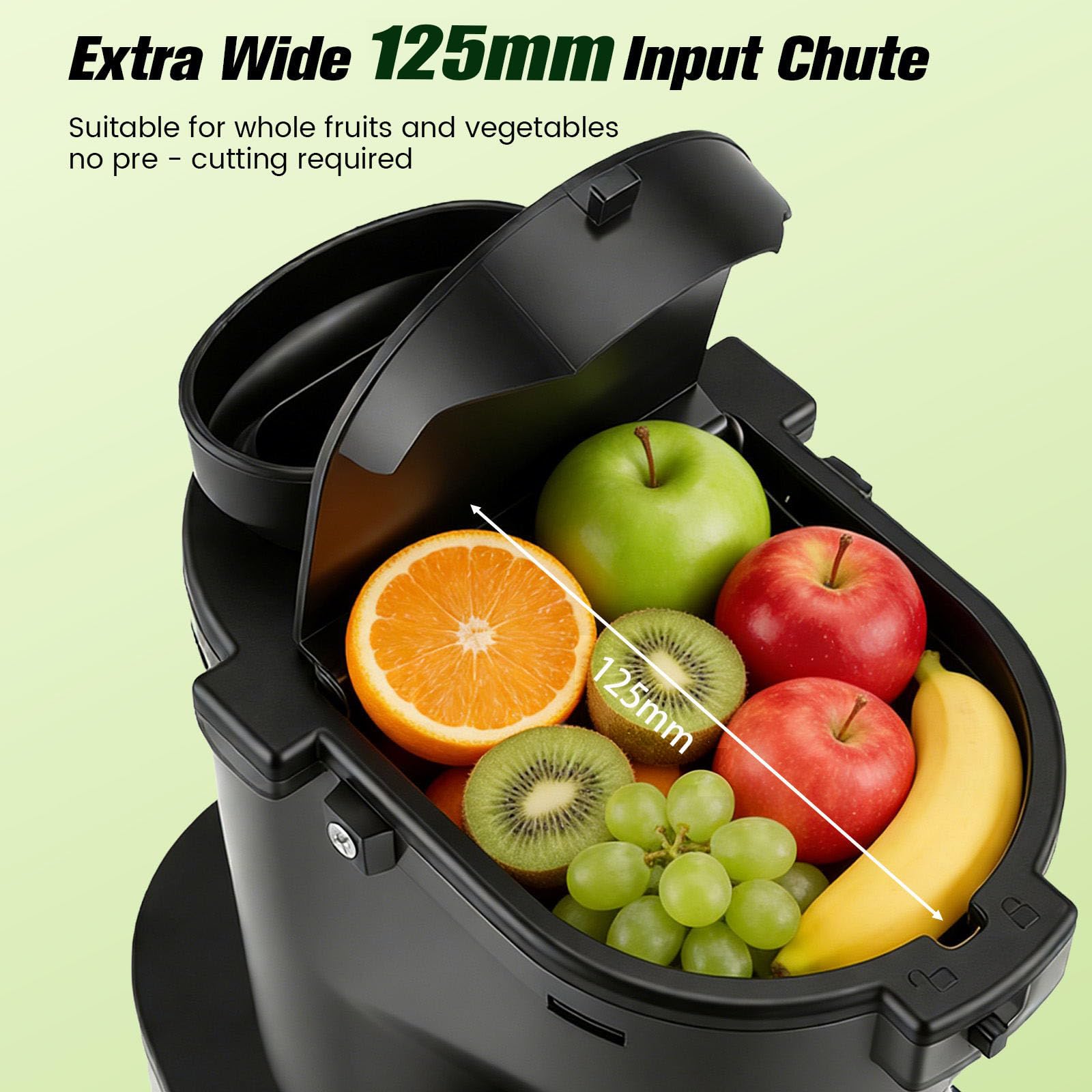 Spremiagrumi a Lenta Estrazione 500W, Spremitore Elettrico con Bocca di Alimentazione Larga 125mm,Estrattore di Succo per Verdura e Frutta,Top per Frutta Intera e Verdura,Senza BPA,Nero