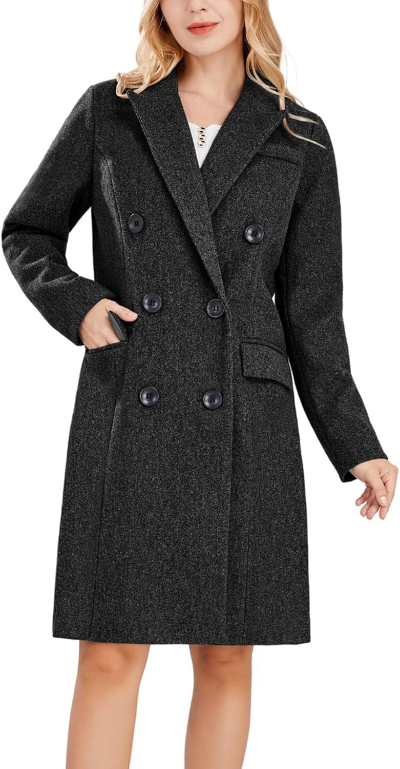 chouyatou Women's Basic Designed Notch Lapel Double Breasted Mid-Long Wool Pea Coat