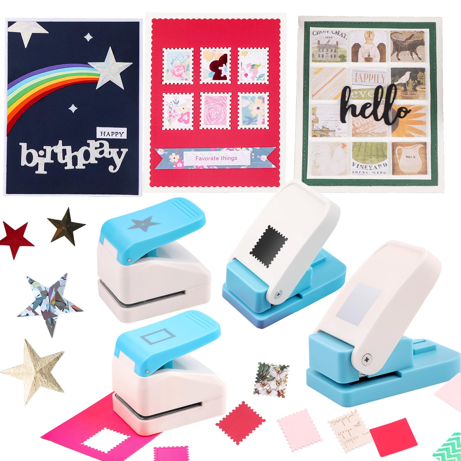 OTCRAFT4Pcs Stamp Punche Tool Set |Postage Stamp Punch1X0.8inch/0.9x1.1inch | Square Punch1X1 inch|Star 1.4x1.4inch Embossing Punch for Paper Crafting Scrapbooking DIY Card Making Arts Crafts Supplies — image 1