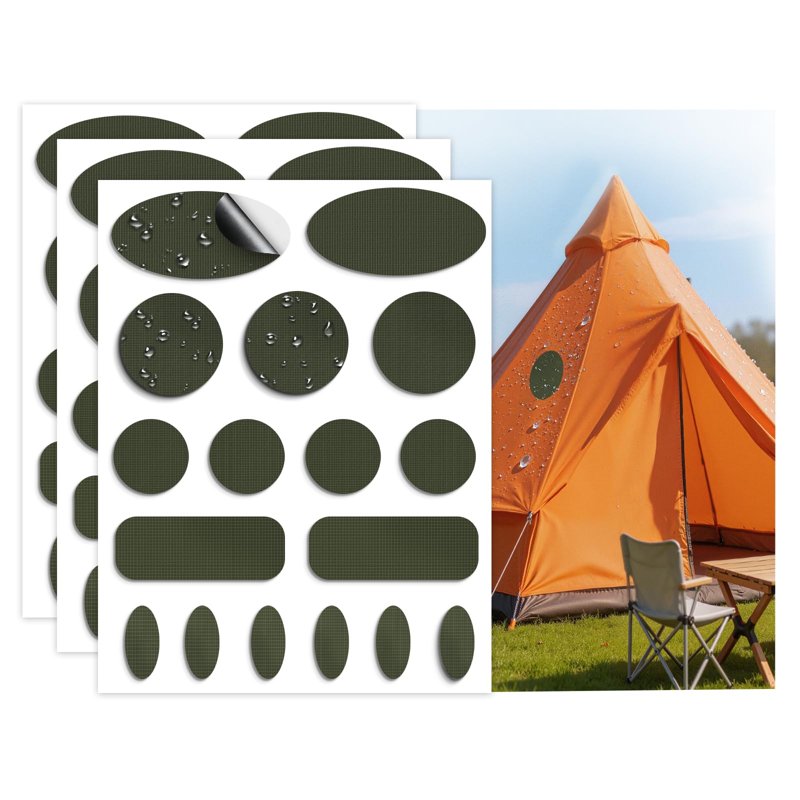 Self-Adhesive Nylon Tent Repair Kit Patches, 51PCS Waterproof Fabric Repair Tape for Camping Gear, Sleeping Bag - No-Sew Instant Invisible Patches for Clothing, Down Jacket, Puffer Coats (Army Green)