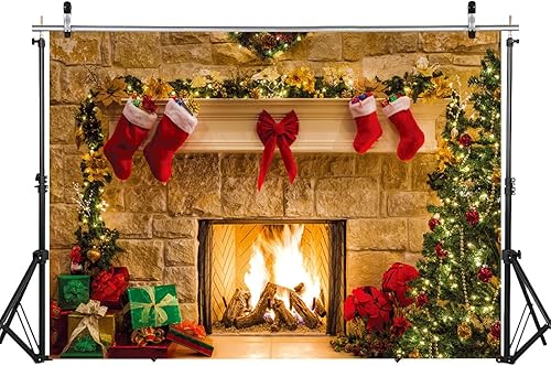 Miniatura 3 de Fondo de fotografía de Navidad de 7 x 5 pies, decoración de chimenea, fondos de estudio, decoraciones de calcetines de árbol para suministros de