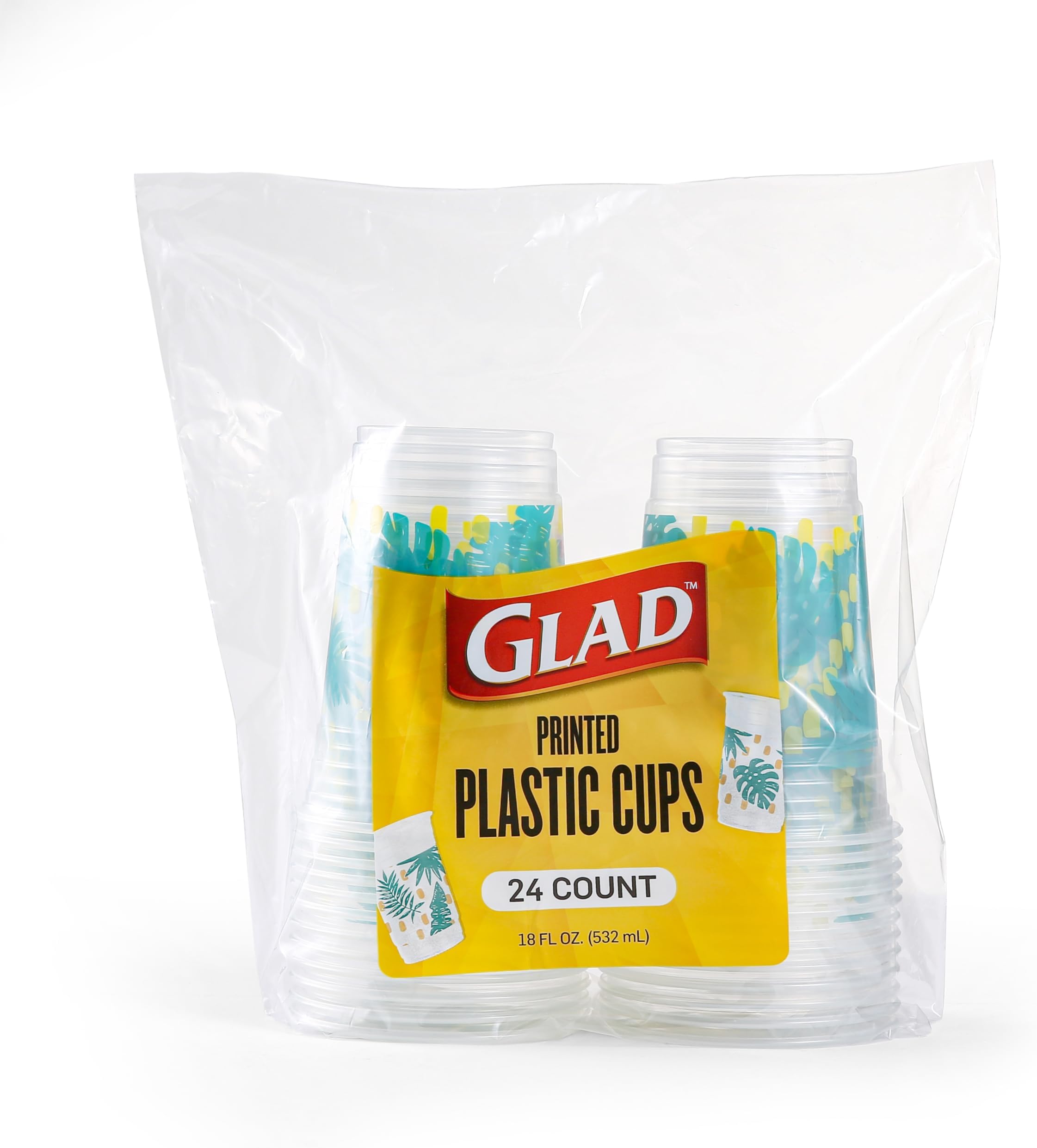 Glad Everyday Clear Plastic Cups with Palm Leaf Print 18oz, 24ct | Clear Plastic Cups with Palm Leaves, 24 Count | Strong and Sturdy Plastic Cups for All Occasions, Holds 18 Ounces