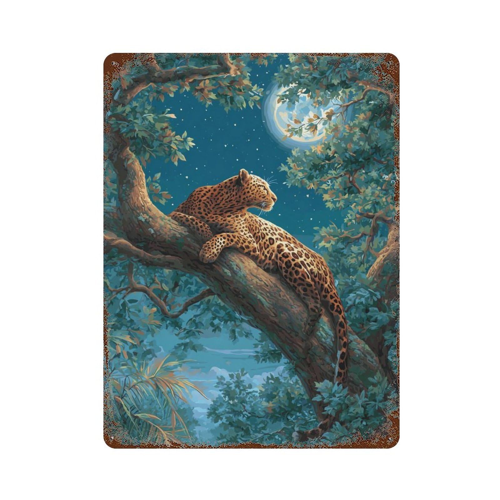 Rust Effect Moonlit Jungle Leopard Rest Weathered Tin Sign 15.7"x11.8", Novelty Wall Decor for Office, Studio And Wall Decor