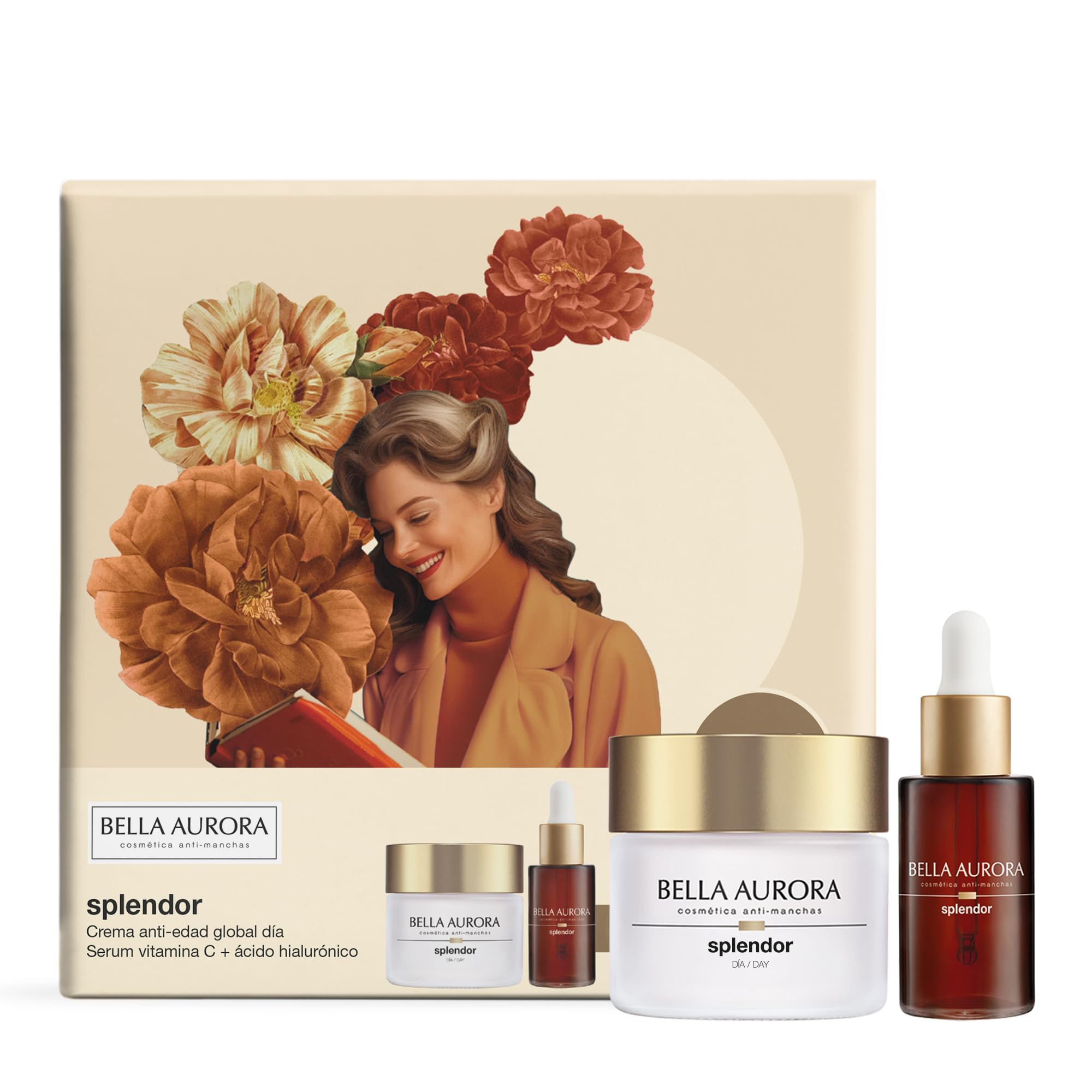 BELLA AURORA - Pack Antiedad Splendor, Crema Día 50 ml + Sérum 30 ml con Vitamina C y Ácido Hialurónico, Tratamiento Antiedad, +50 Años, Efecto Lifting, Reparador y Antioxidante