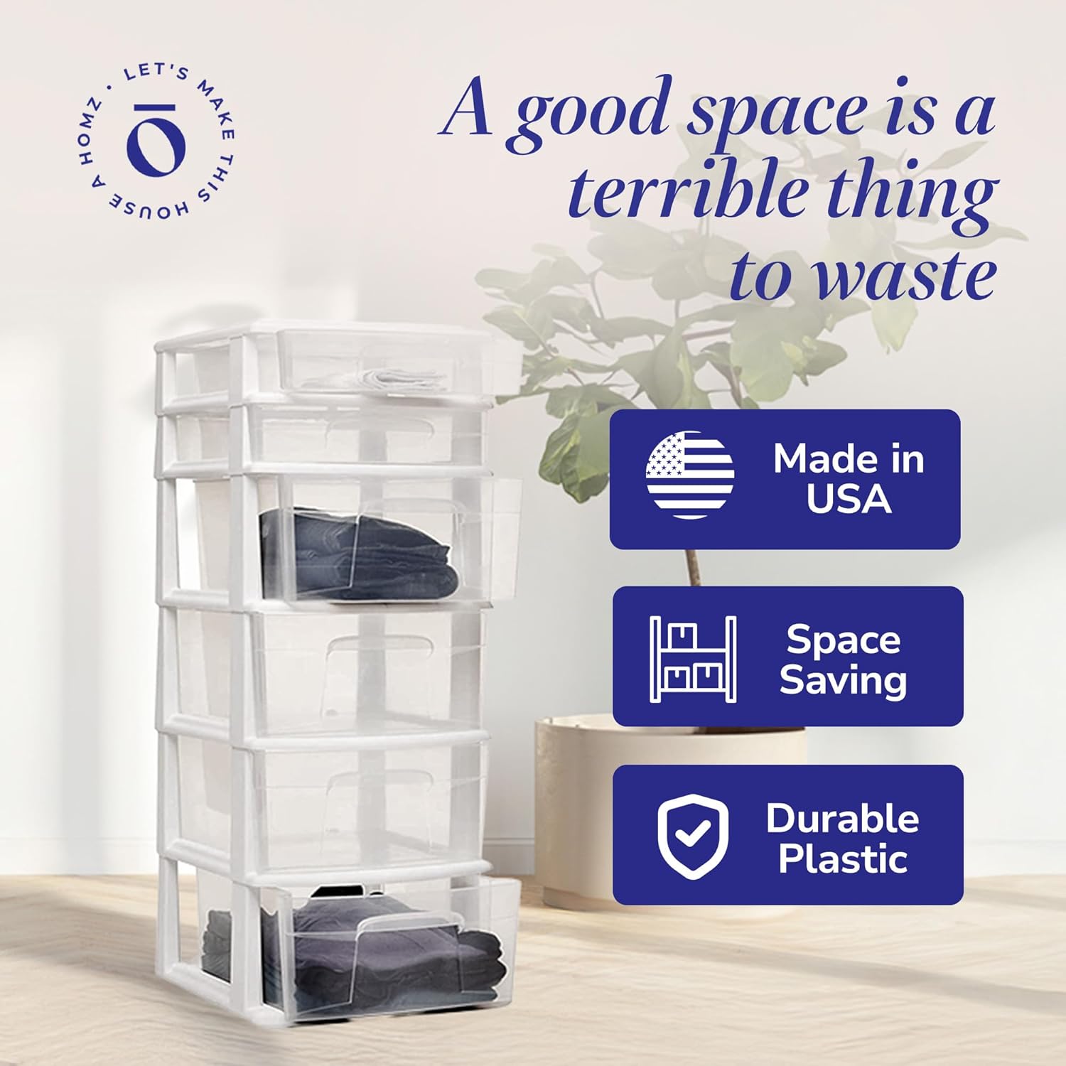 HOMZ Drawer Tower, 6-Tier Clear Plastic Storage Organizer Cart, White Frame - Heavy-Duty Organizing Drawers for Home, Bedroom, and Closet Organization - Image 6