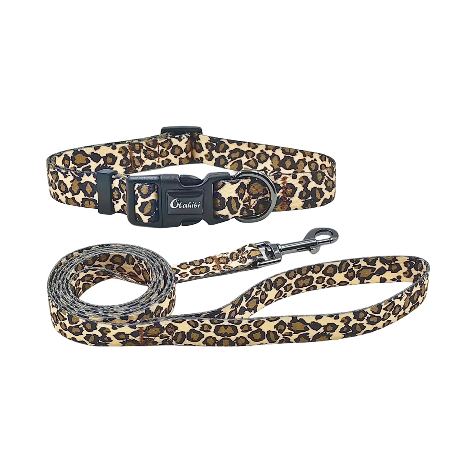 Olahibi Dog Collar and Leash Combo Set, Leopard Pattern, Polyester Material, 150CM Matching Leash, for Small Dogs.(S, Brown Leopard)