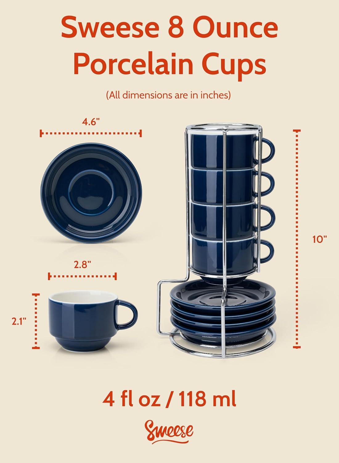 Sweese 8 Ounce Porcelain Stackable Cappuccino Cups with Saucers and Metal Stand - for Specialty Coffee Drinks, Cappuccino, Latte, Americano and Tea - Set of 4, Navy