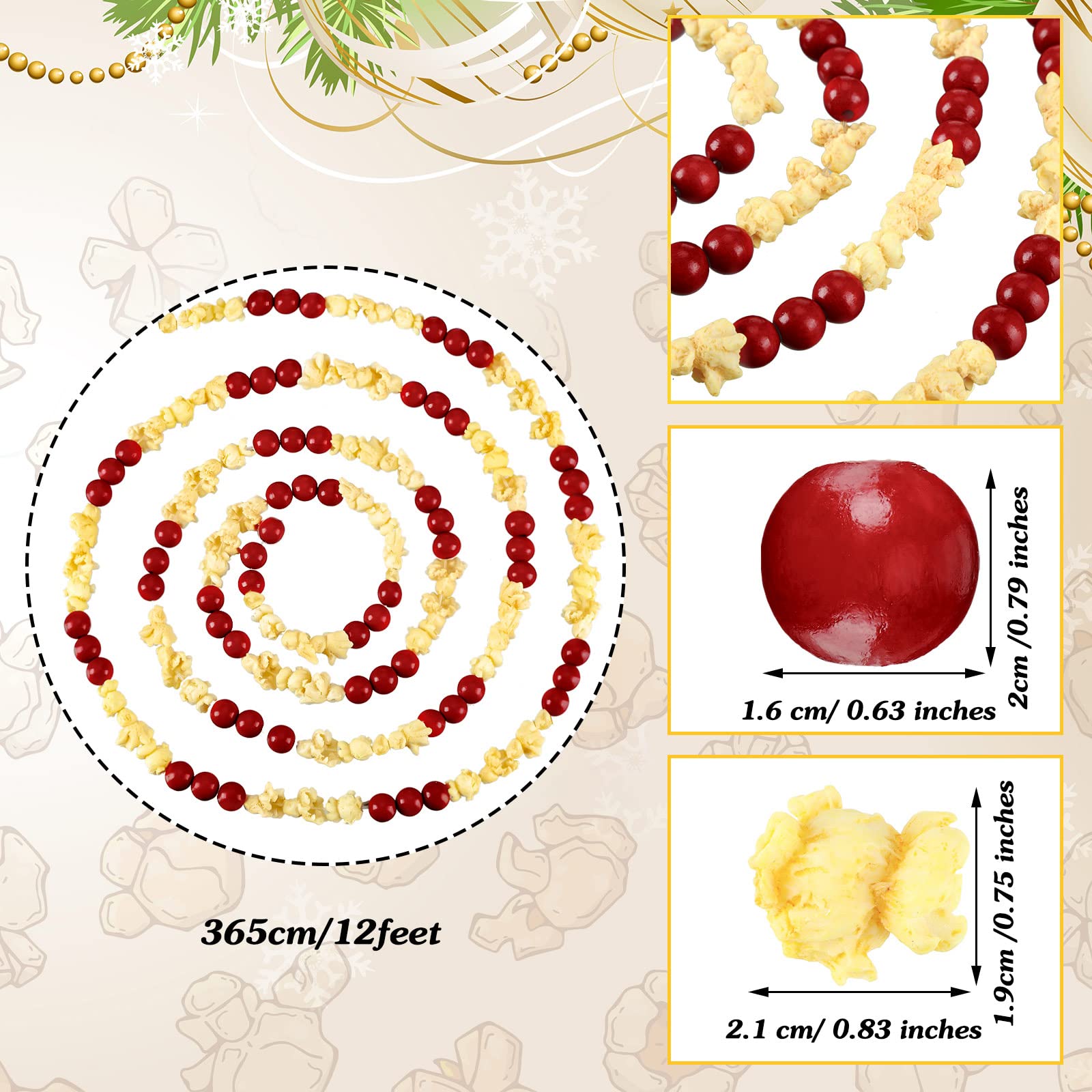 Giegxin Guirnalda artificial de palomitas de maíz y arándanos, guirnalda rústica para árbol de Navidad, guirnalda de palomitas de maíz de madera con cuentas rojas, guirnalda de palomitas de maíz y