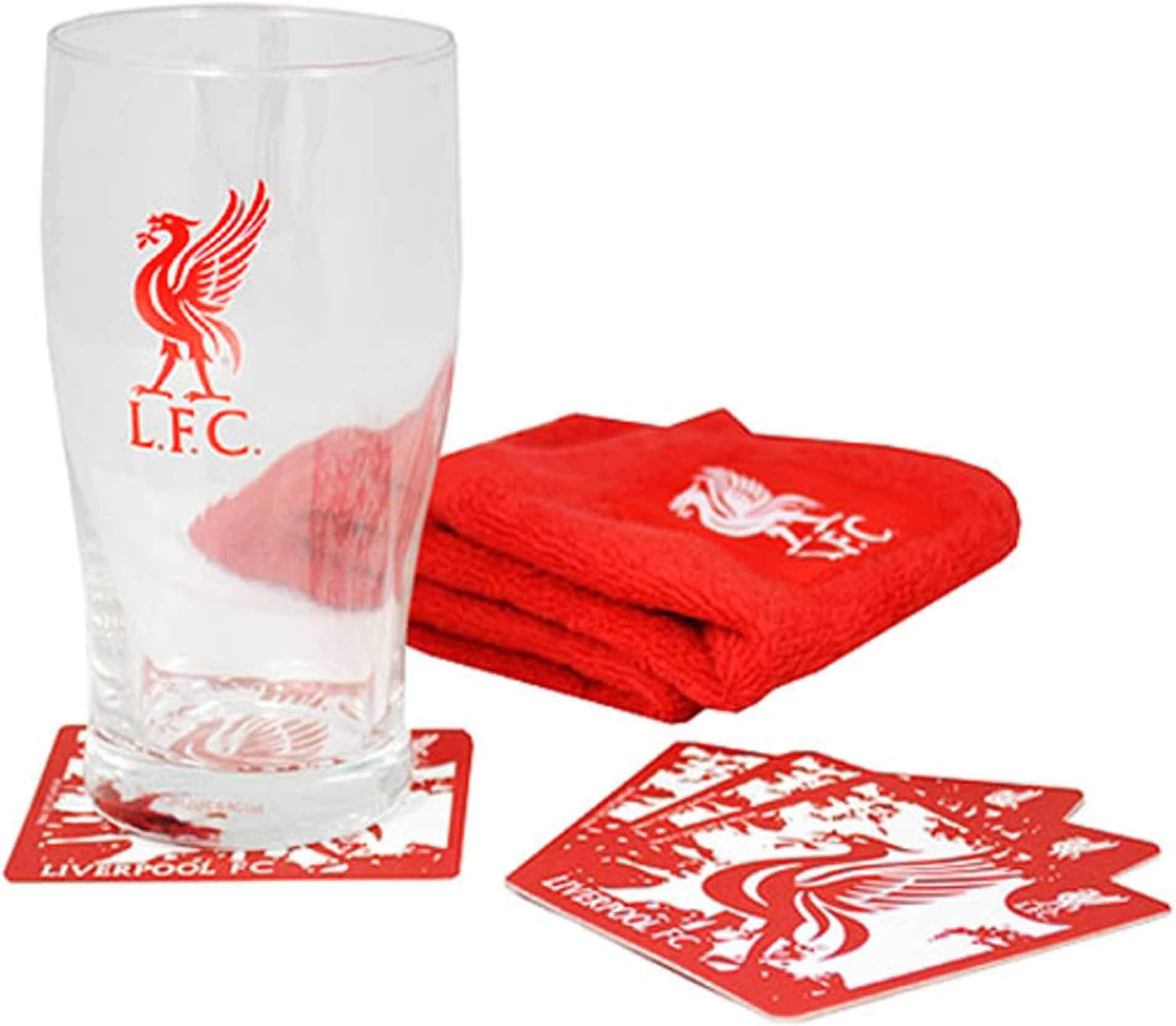 sufe L.F.C Official Liverpool Football Crest Pint Glass Mini Bar Set (Pint Glass, Coasters & Bar Towel)