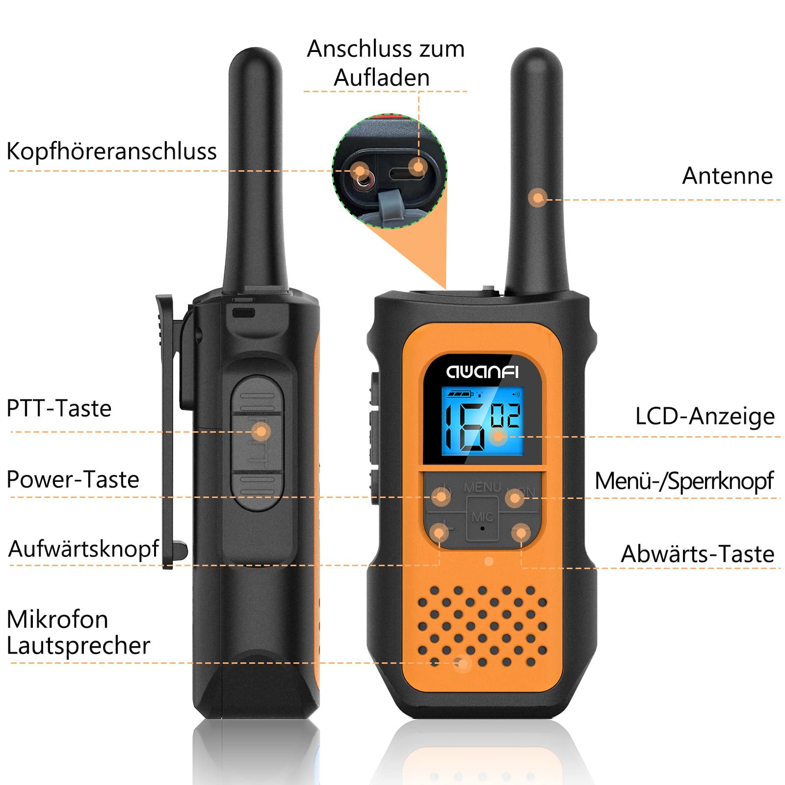 Walkie Talkie z Akumulatorem 1200mAh, Walkie Talkie dla Dzieci i Dorosłych, 16-Kanałowy Zestaw Radiowy, Walky Talky z Kablem ładującym Typu-C, Walkie Talki na Zewnątrz, Camping