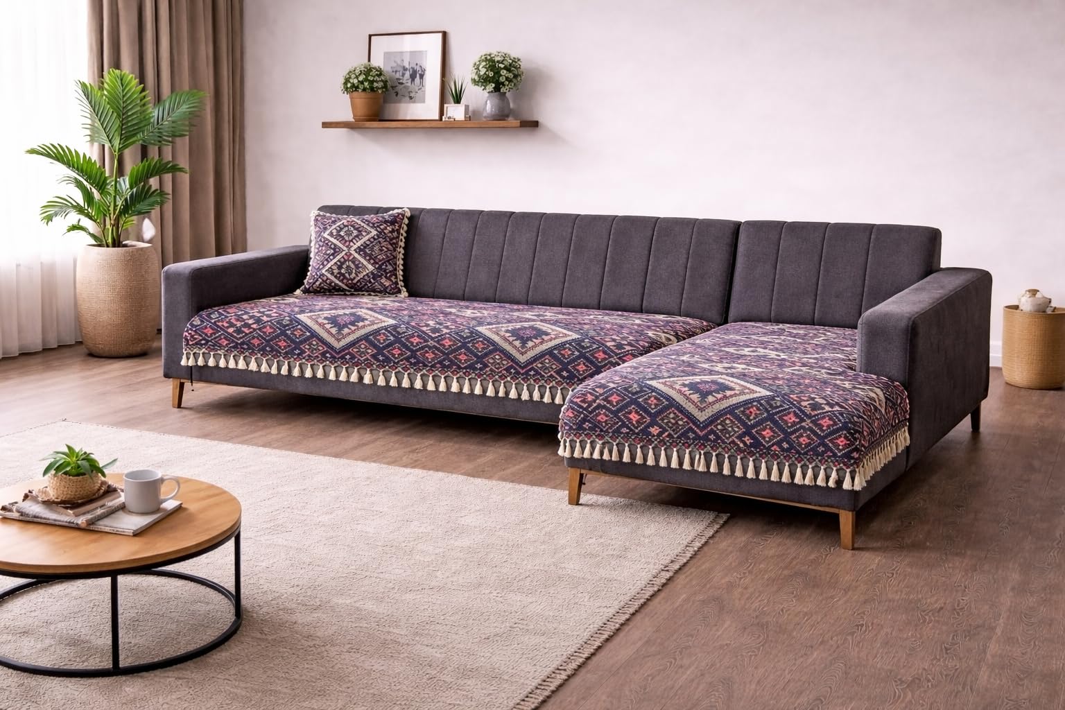 Gifts Island Cotton Acrylic 3+2 Seater L Shape Sofa Cover Mat | Midnight Ethnic with Cotton Tassle Fringe | Soft, Stylish, Washable Couch Sofa Mat for Living (Midnight Ethnic, L-Shape (3+2 Seater))-image-49