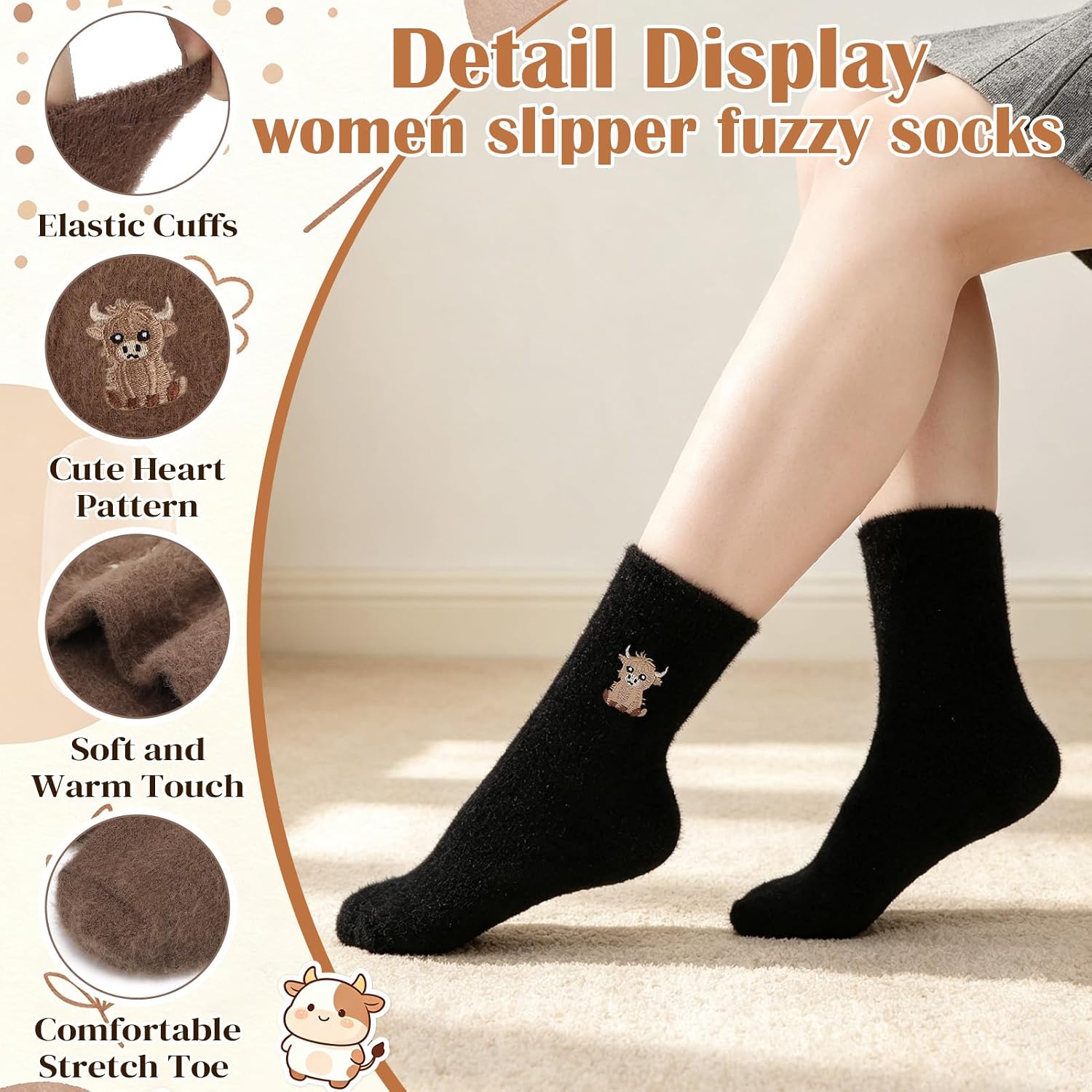 Womens Fuzzy Socks Bow/Heart/Animal Embroidery Printing Warm image 4