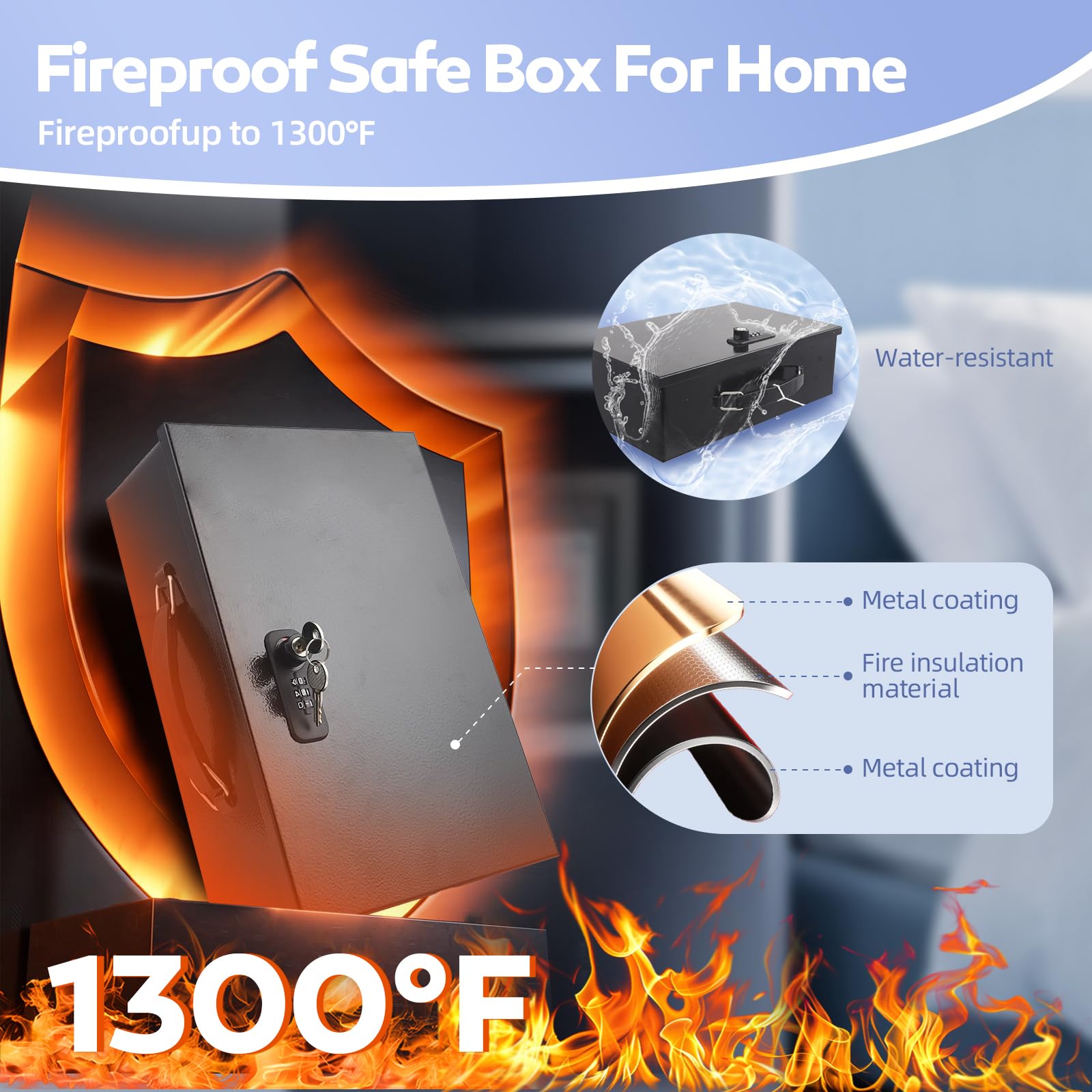 Tragbarer Feuerfester Safe Dokumentenbox mit Zahlenschloss & Schlüsseln - Feuerfester Wasserdichter Tresor für Zuhause mit Griff - Schutz für Bargeld, Medikamente, A4 Dokumente - 32,5 x 21,5 x 10,5 cm