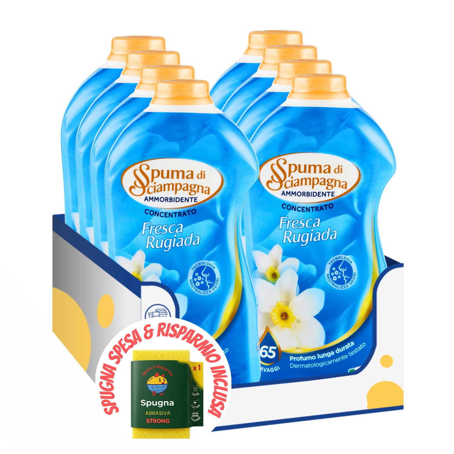 Ammorbidente Concentrato Fresca Rugiada – 65 Lavaggi – 1300 ml kit con Spugna Brandizzata SPESA & RISPARMIO Inclusa – Variazioni 4/8/12 Pezzi (8)