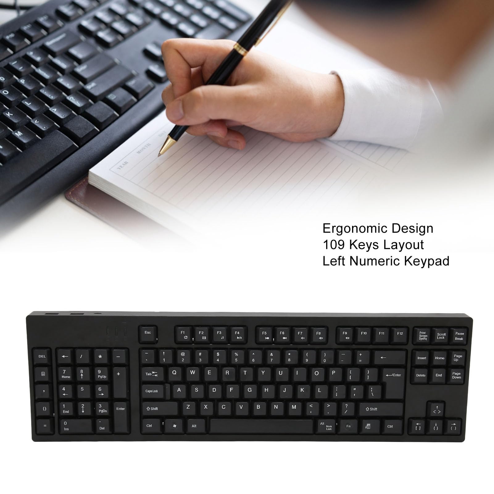 Left Handed Keyboard 109 Keys Micro USB Ergonomic Layout Plug and Play Office Keyboard for Business Accounting Designer