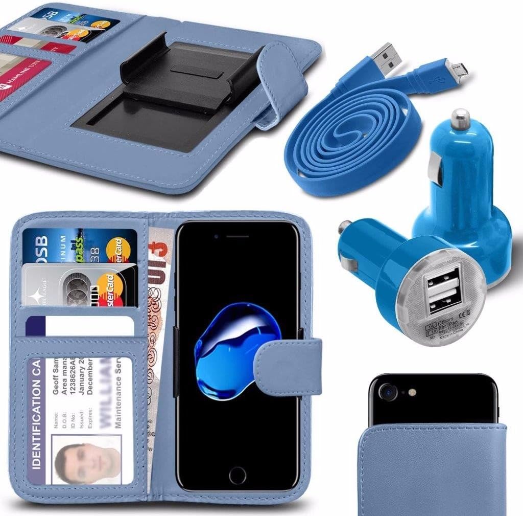 Archos 55B Platinum - Case Super Essentials Pack Clamp Spring Style PU Leather Wallet + Dual Bullet Charger + Micro USB 1 Metre Flat Data Cable - Light Blue