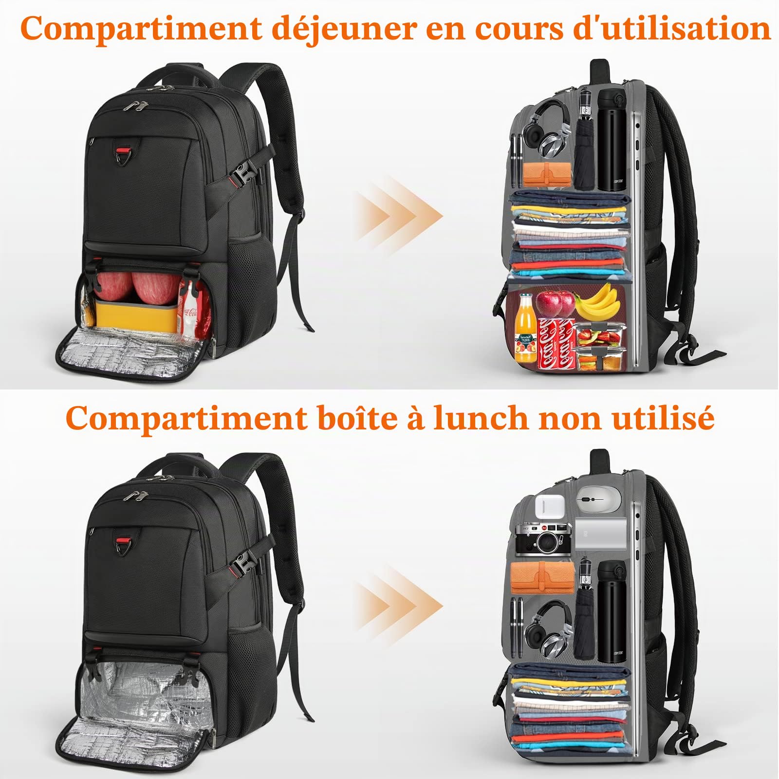 NEWHEY Sac à Dos Ordinateur Portable 17.3 Pouces Avec Compartiment Isotherme pour Déjeuner et Port USB Sac de Voyage Imperméable Sac Isotherme Homme Femme Pique-Nique Travail École Noir
