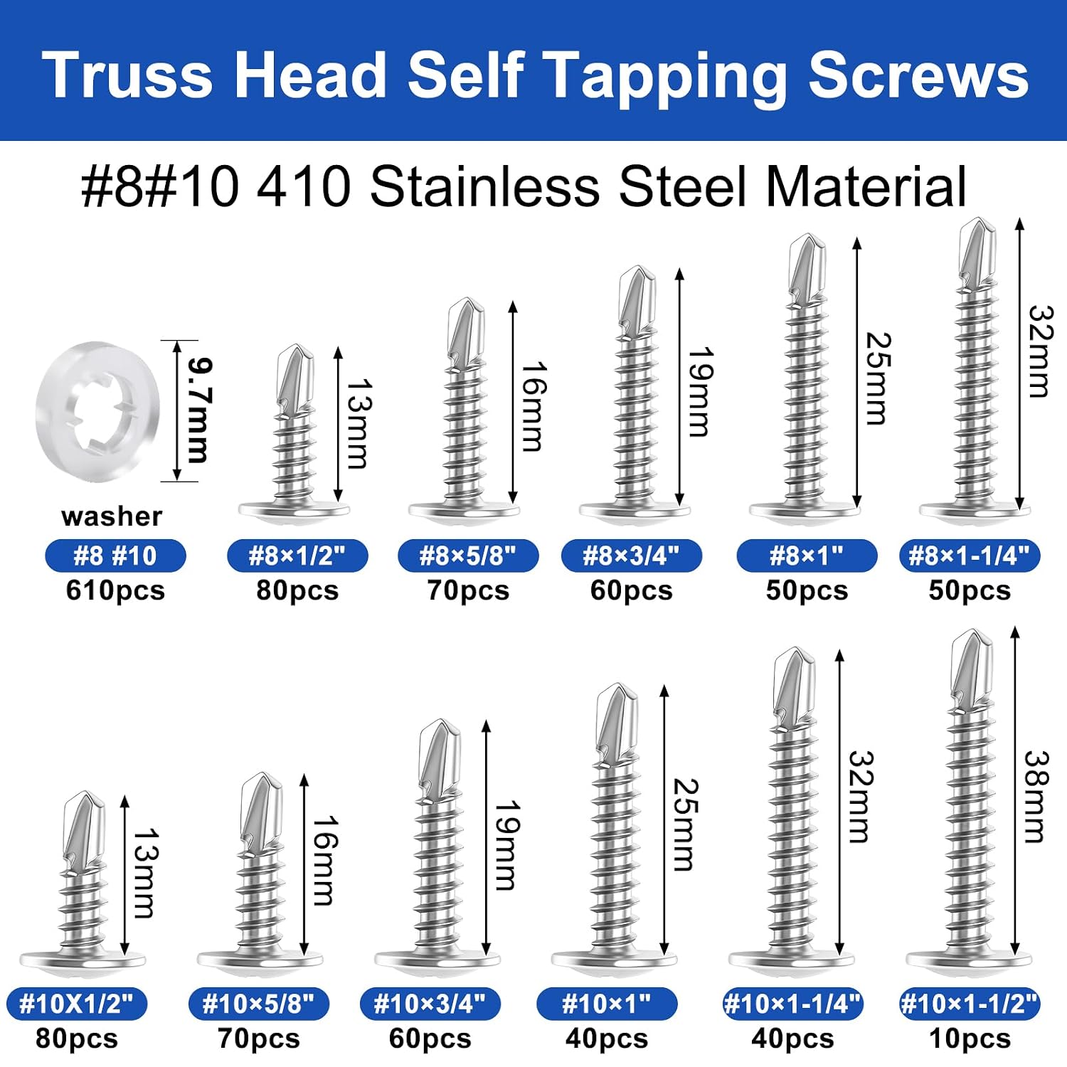 Taiss 1220PCS #8#10 Self Tapping Screws for Metal 410 Stainless Steel Self Drilling Screws (1/2'' to 2'') with Washers,Sheet Metal Screw for Metal