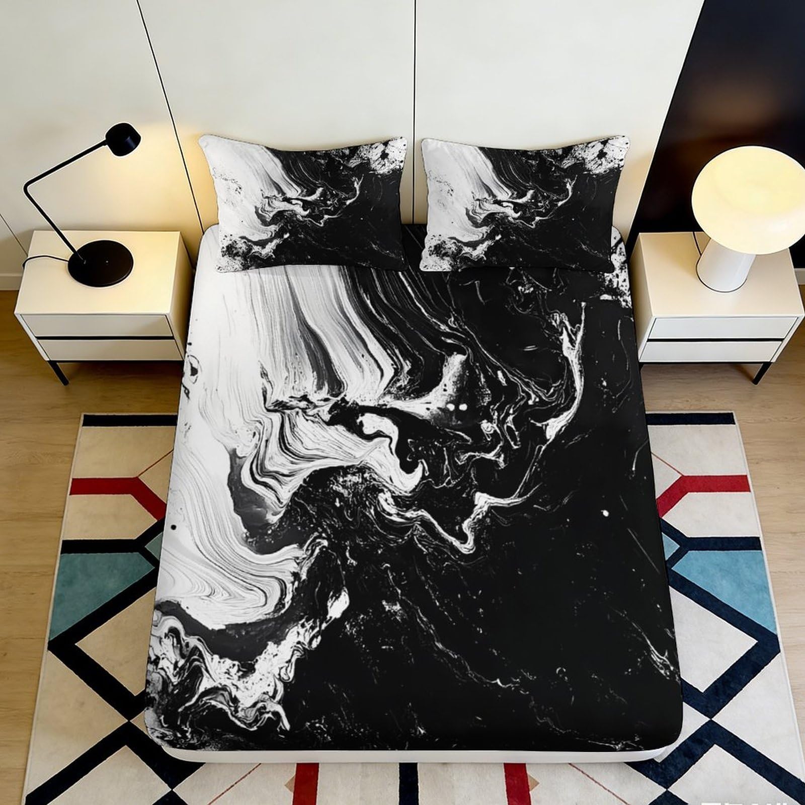 3D Printed Marble Swirl Fitted Sheet Microfiber Soft Black White Abstract Mattress Cover for Bedroom Dorm Protection Decor 180x200x25cm