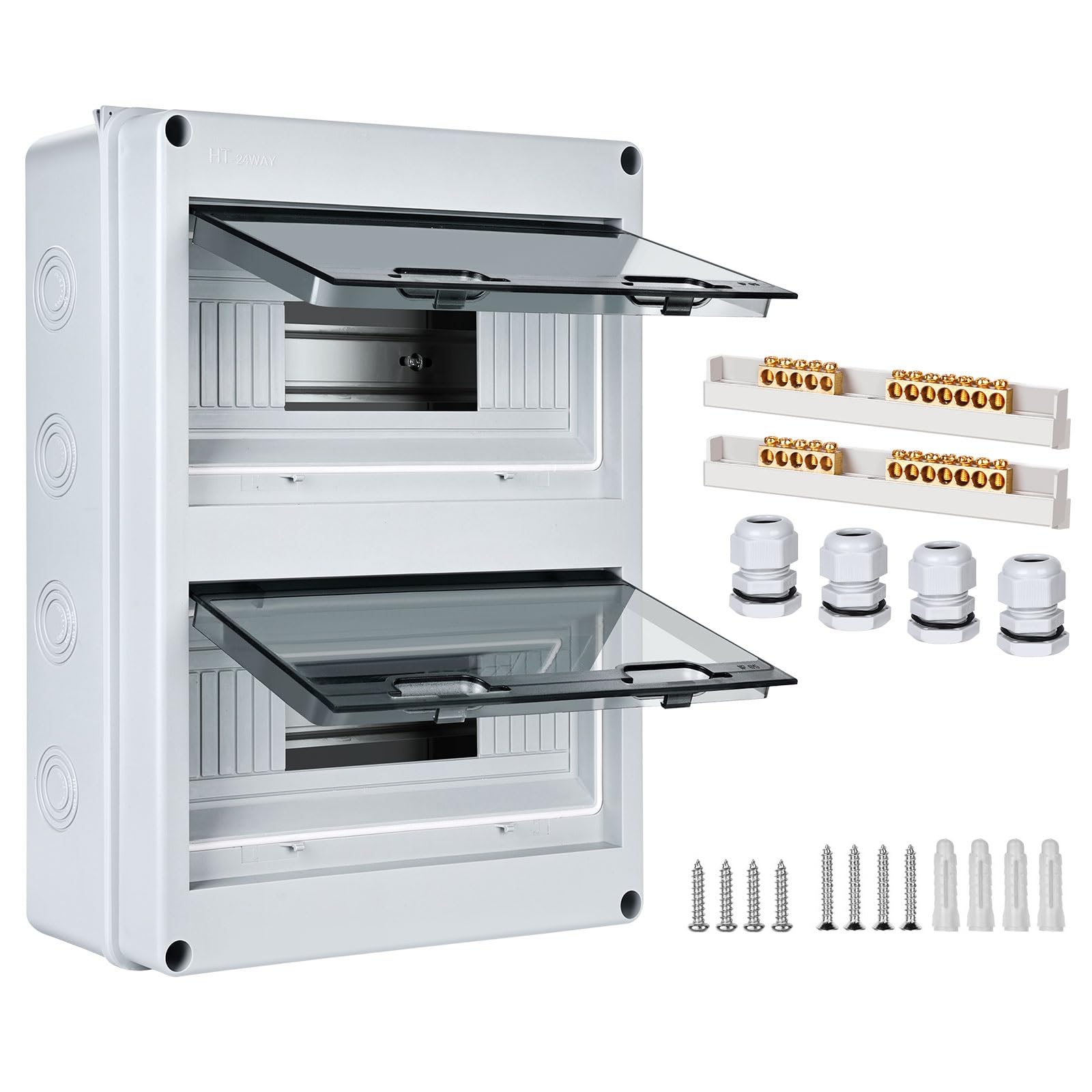 Caja de fusibles empotrada, IP65 con 2 filas, 24 módulos, terminales de latón, distribuidor pequeño, distribuidor de superficie, subdistribución para ambientes húmedos, jardines, exteriores, villas