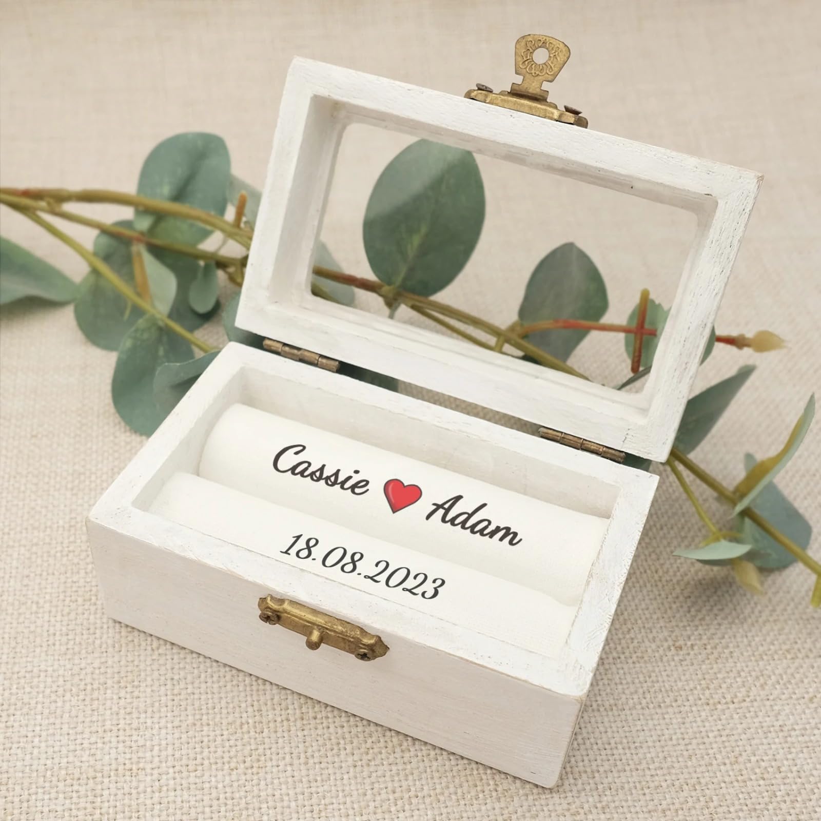 WOMB Scatola Personalizzata per Anelli di Nozze, Scatola per Anelli di Fidanzamento, Porta Anello, Bianca, 10 cm x 6 cm x 5 cm