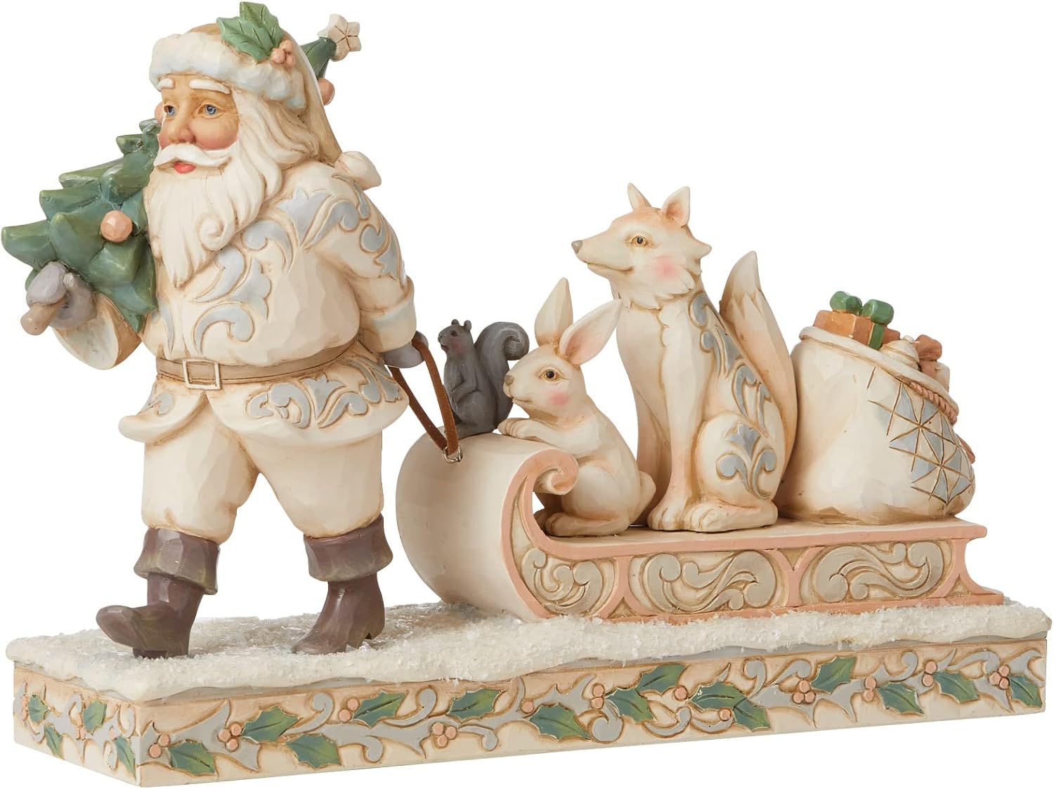 Enesco Jim Shore Heartwood Creek White Woodland Santa Pulling Animals on Sled Figurine, 6.89 Inch, Multicolor
