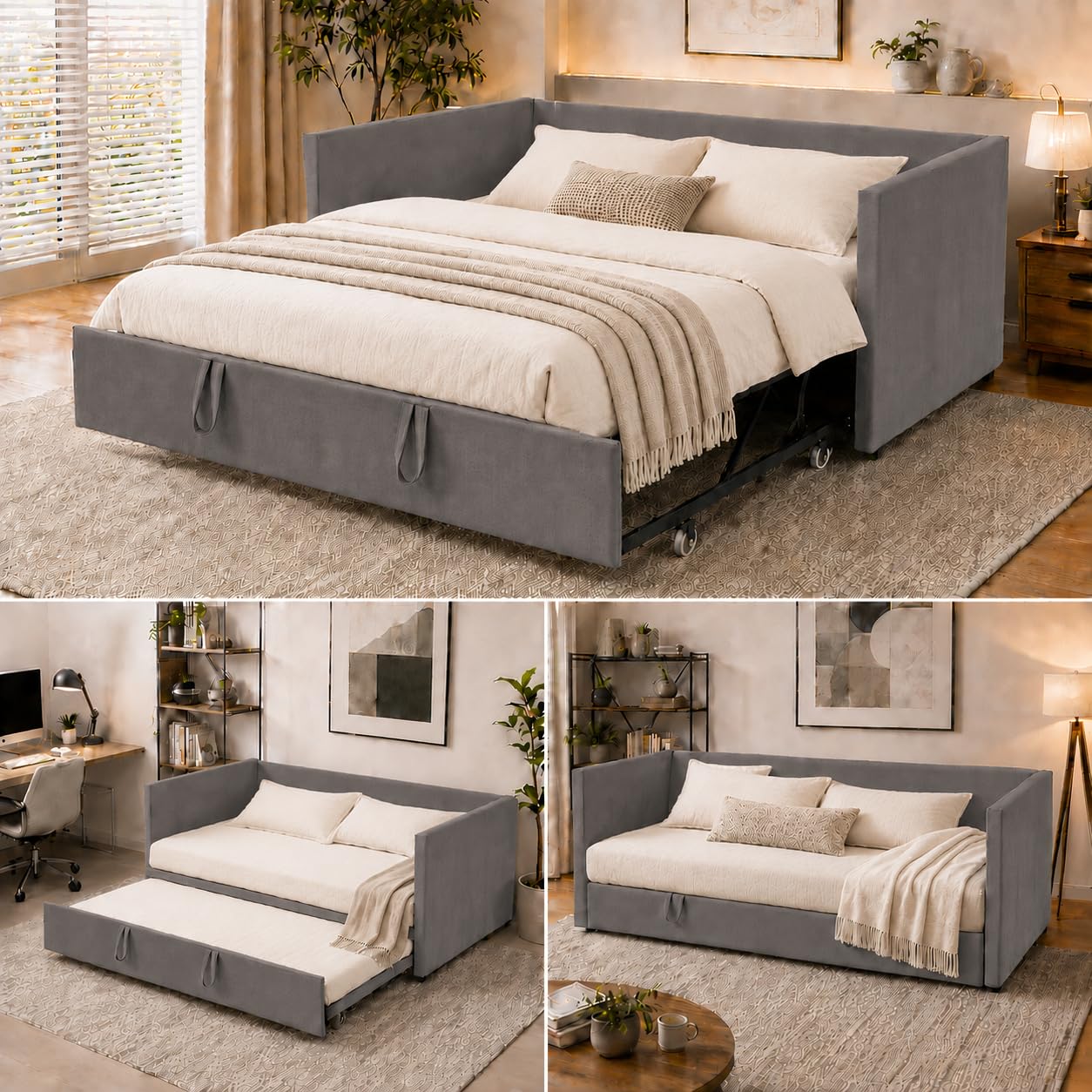 Schlafsofa 90/180 x 200 cm,Tagesbett Ausziehbar,Schlafsofa 200 cm Breit,Schlafcouch Ausziehbar,Schrankbett mit Sofa Polsterbett Doppelbett,Samt,ohne Matratze (Grau, 90/180 x 200 cm)