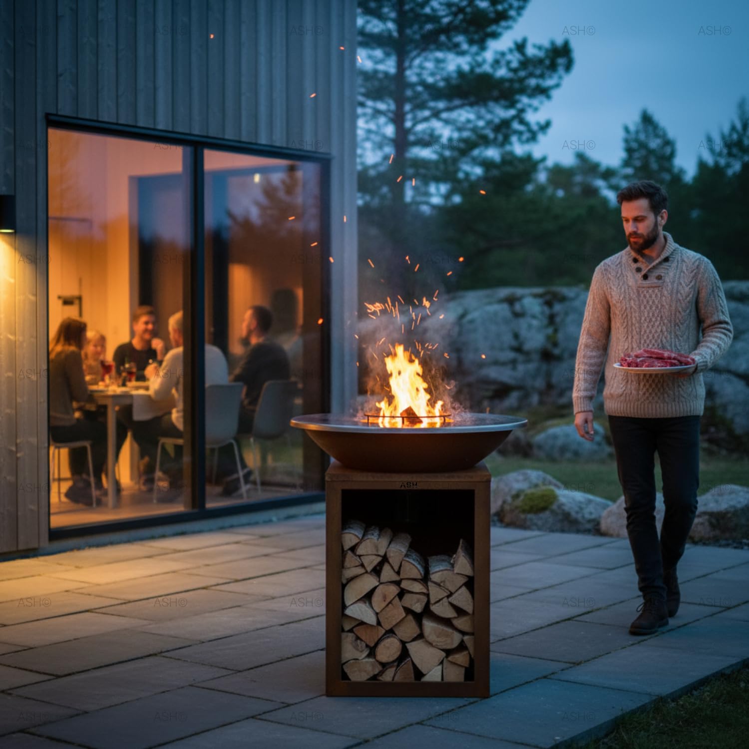 Plancha - BBQ - Barbecue - Acier Corten - Plaque de cuisson - Ø81 cm - Extérieur - Rangement bois - Plancha - Ash Solaris - XXL - Anneau de barbecue - Cheminée de jardin - Barbecue - Aspect luxueux