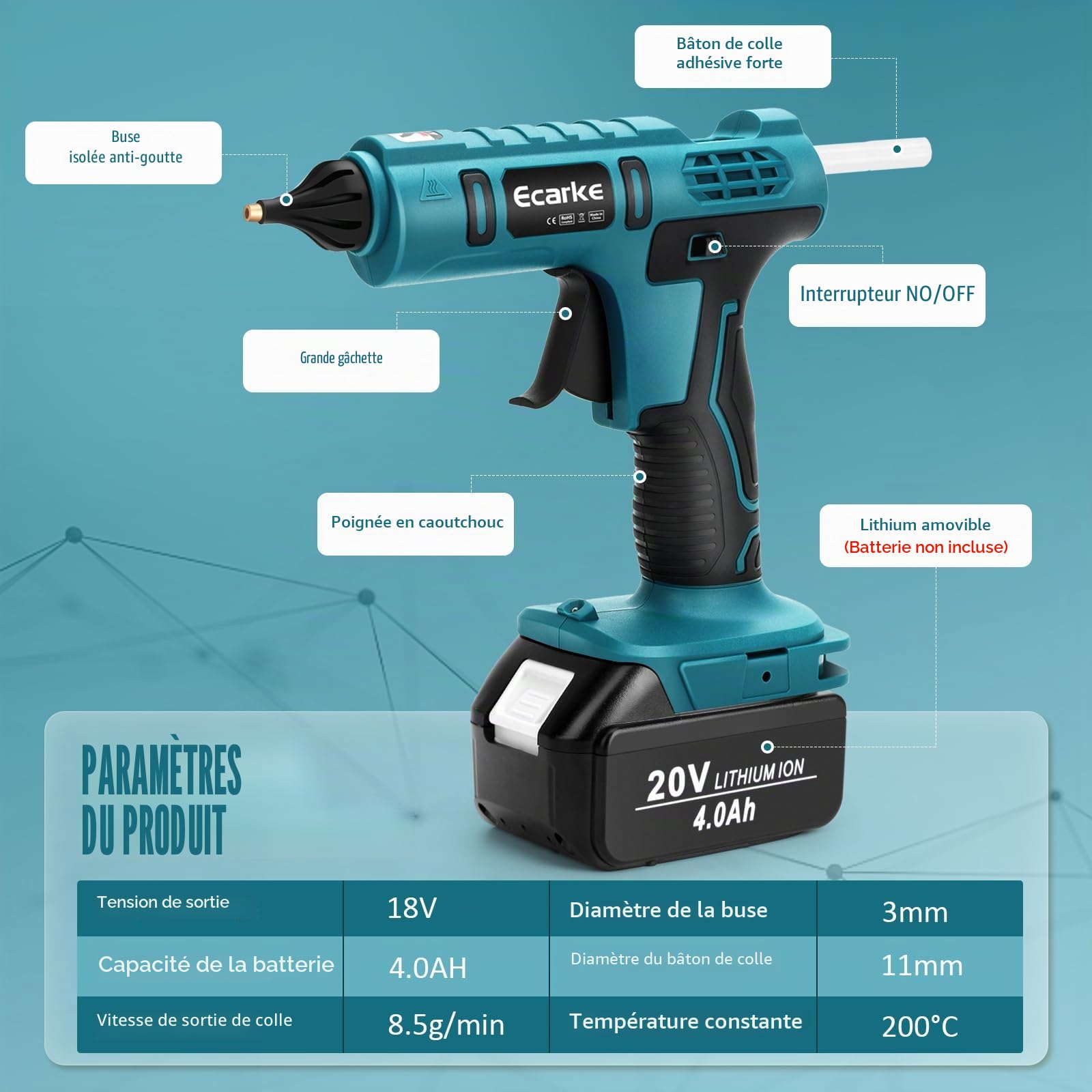 Ecarke Pistolet à Colle Sans Fil Compatible avec Batterie MaKita 18V, Pistolet à Colle Chaude Sans Fil Idéal pour Les Réparations Artisanales (avec 20 Bâtons de Colle de 11 mm)-Outils Uniquement