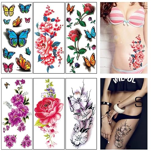 Miniatura 2 de Tatuajes temporales de flores para mujeres y adultos, tatuaje de rosa de mariposa 3D, calcomanías de tatuaje falsas, impermeables, arte corporal,