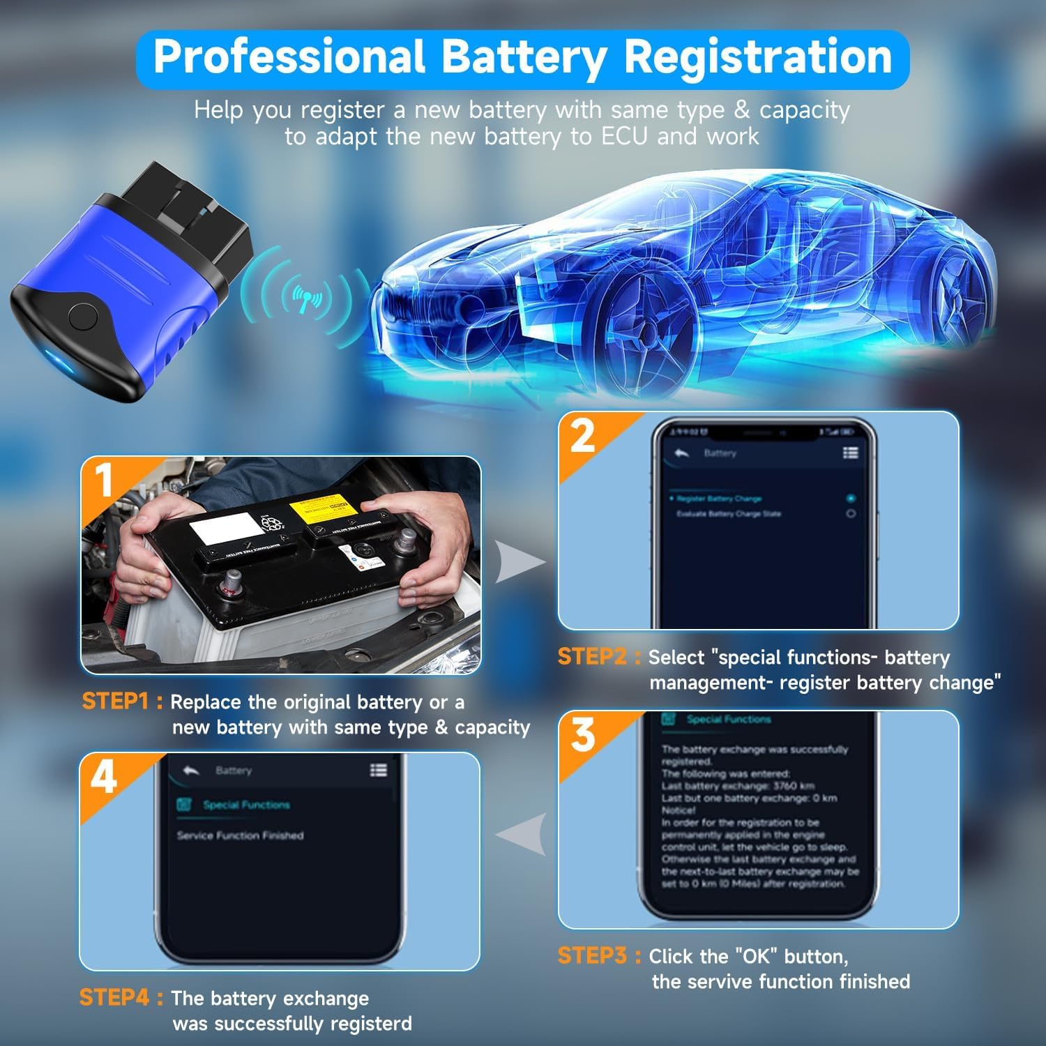 AUTOPHIX OBD2 Bluetooth Adapter, Auto Diagnosegerät Check Motor ABS SRS Getriebe Drahtlose Auto Auslesegerät Fehlercode Lesegerät mit Batterie Test Exklusive APP für iPhone und Android (Blau)