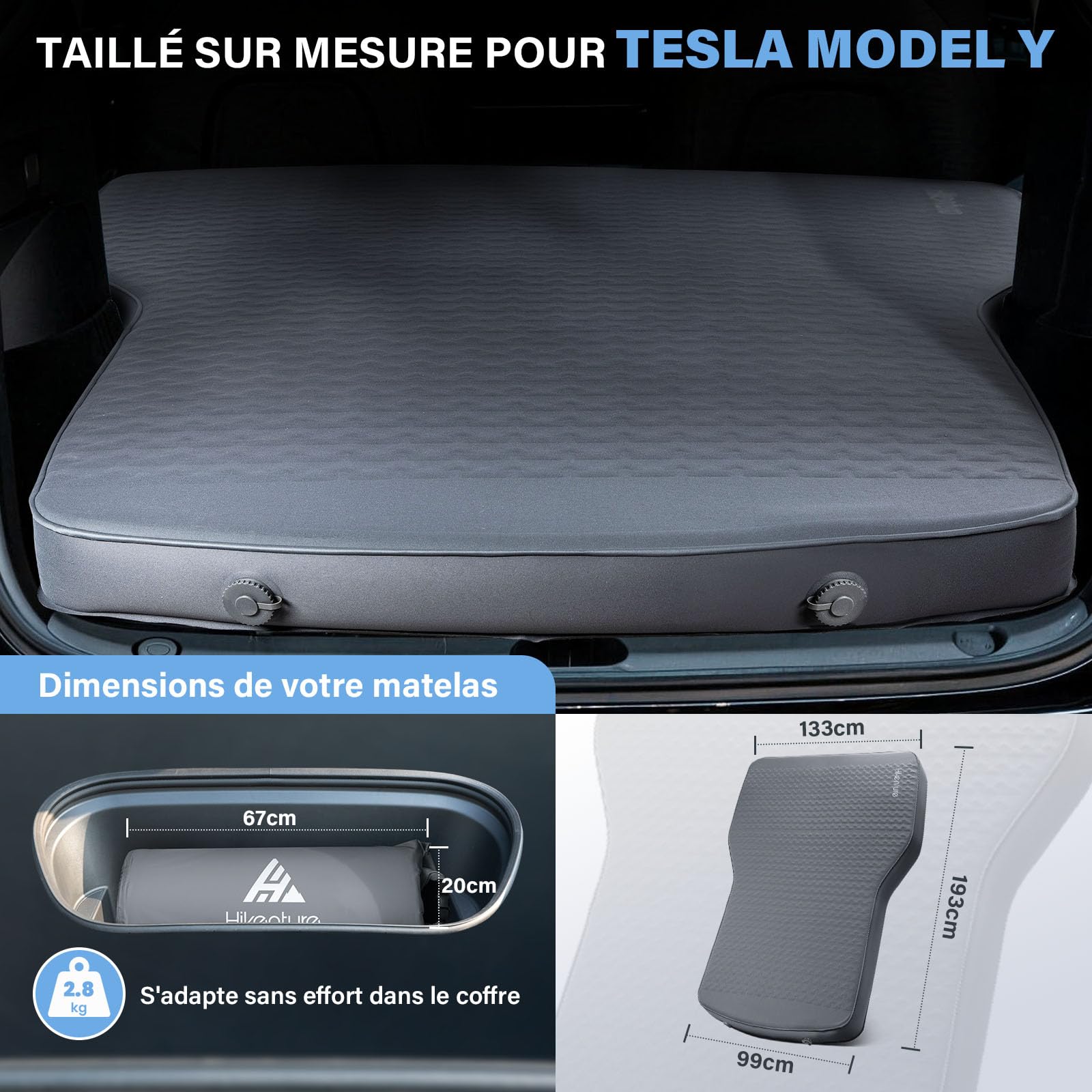 HIKENTURE Matelas Voiture pour Tesla Model Y/Juniper/3, Autogonflant et Ultra-léger - Matelas Gonflable Voiture Arrière en 8 cm Mousse à Mémoire de Forme - 40% Plus Compact - pour Camping, Voyage