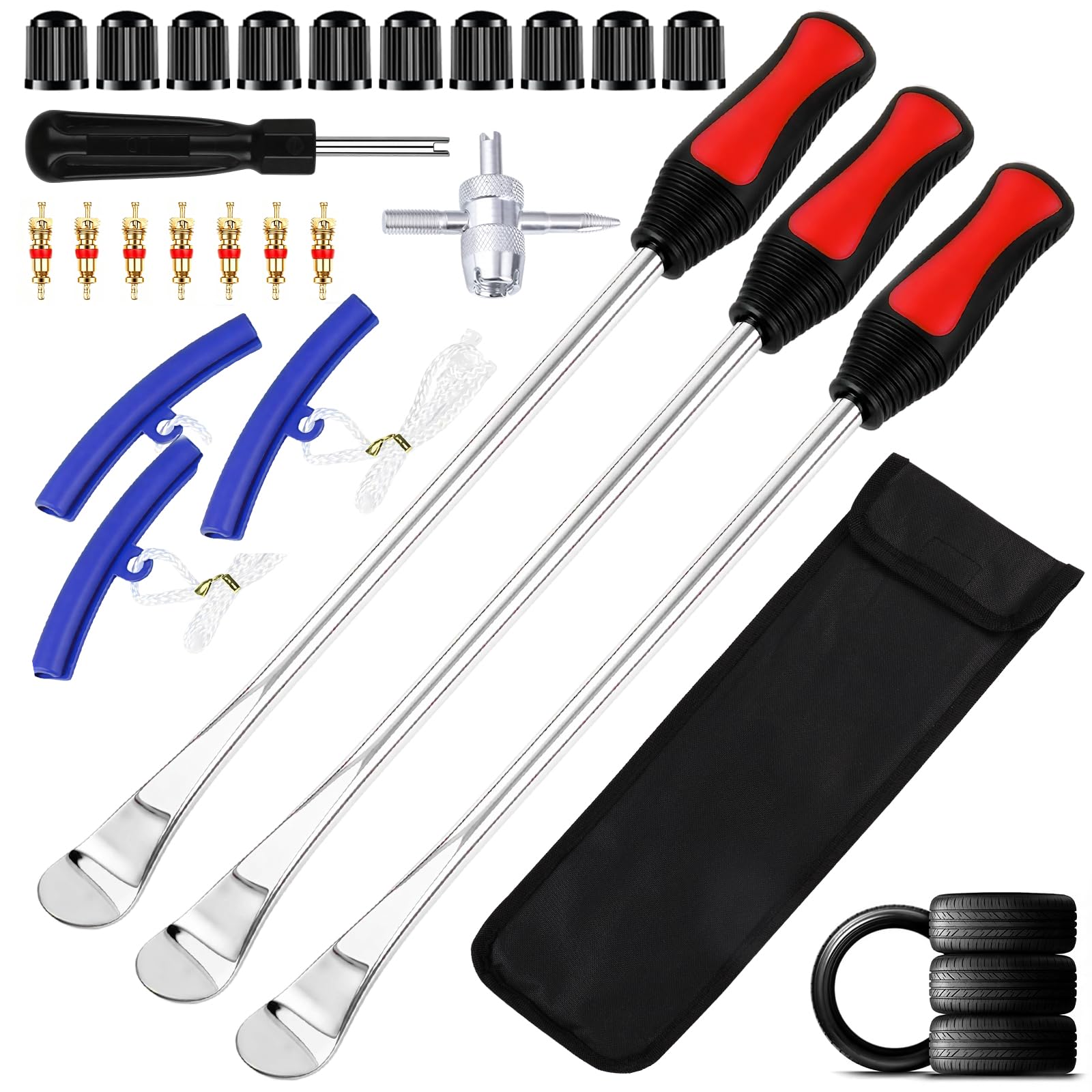 14.5"/37cm Tire Spoons Motorcycle, Dirt Bike Tire Spoon Set, Professional Tire Changing Spoons Lever Iron Tool Kit with 3 Rim Protectors &amp; Valve Core Set