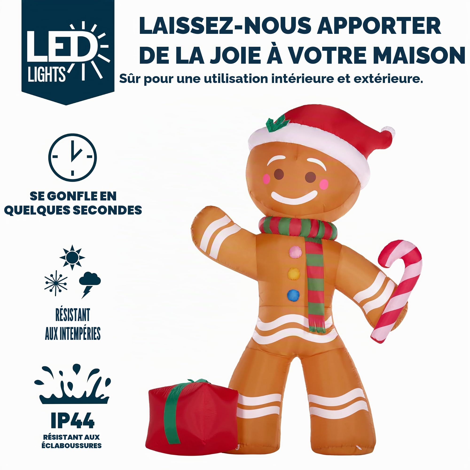 Joiedomi Bonhomme en pain d'épices gonflable de Noël de 2,4 m de haut avec sucre d'orge, décoration de cour gonflable en pain d'épices avec LED intégrées pour Noël, fête, extérieur, cour, jardin
