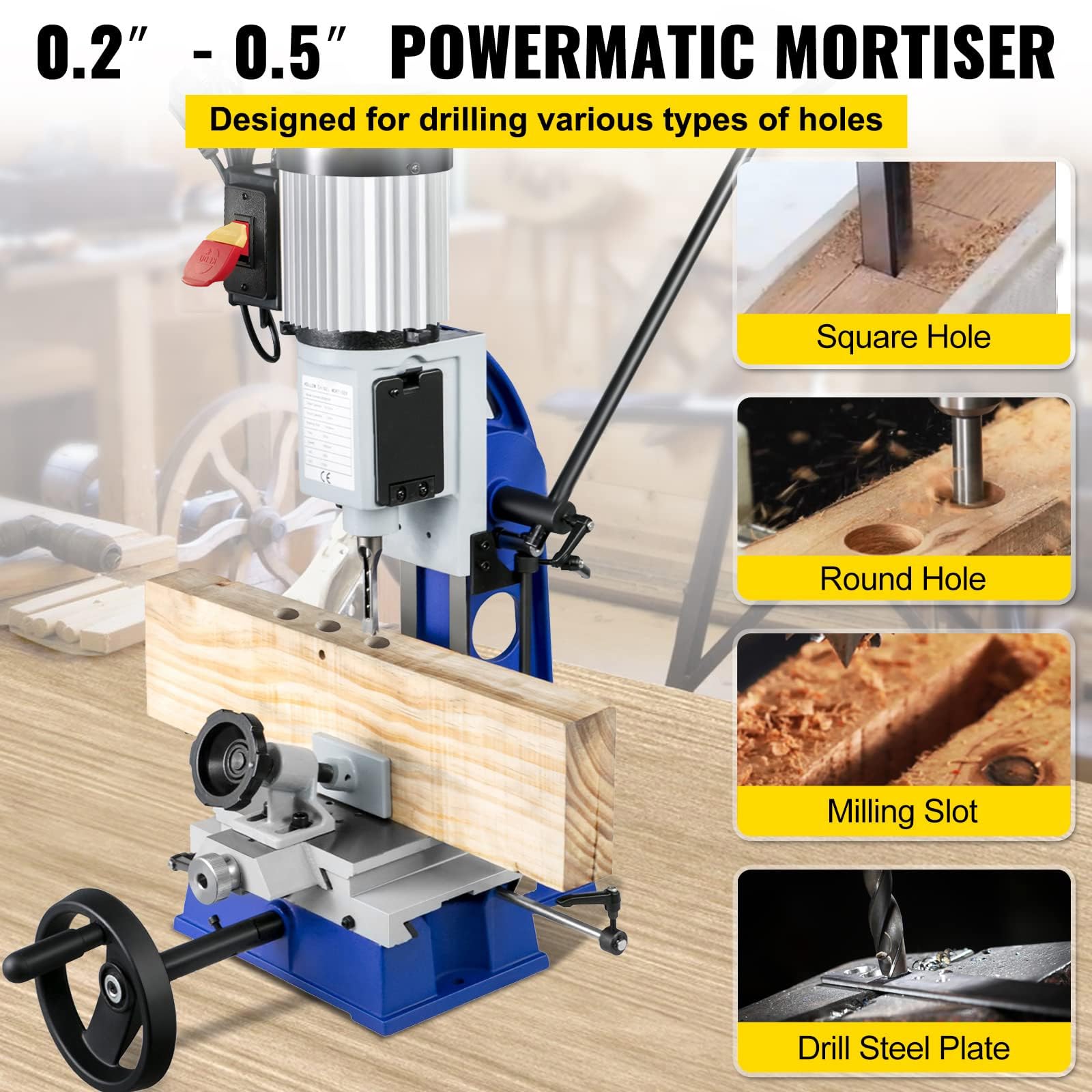 Happybuy Woodworking Mortise Machine, 1/2 HP 1700RPM Powermatic Mortiser, With Movable Work Bench Benchtop Mortising Machine