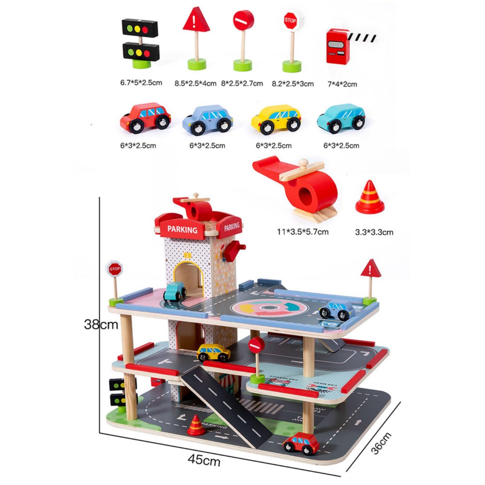 predolo Parking Jouet en Bois avec Ascenseur, Garage en Bois à 3 Niveaux, Parking Jouet Interactif, Multiples Accessoires Inclus, pour Enfants dès 3 Ans, M-Parking Centre