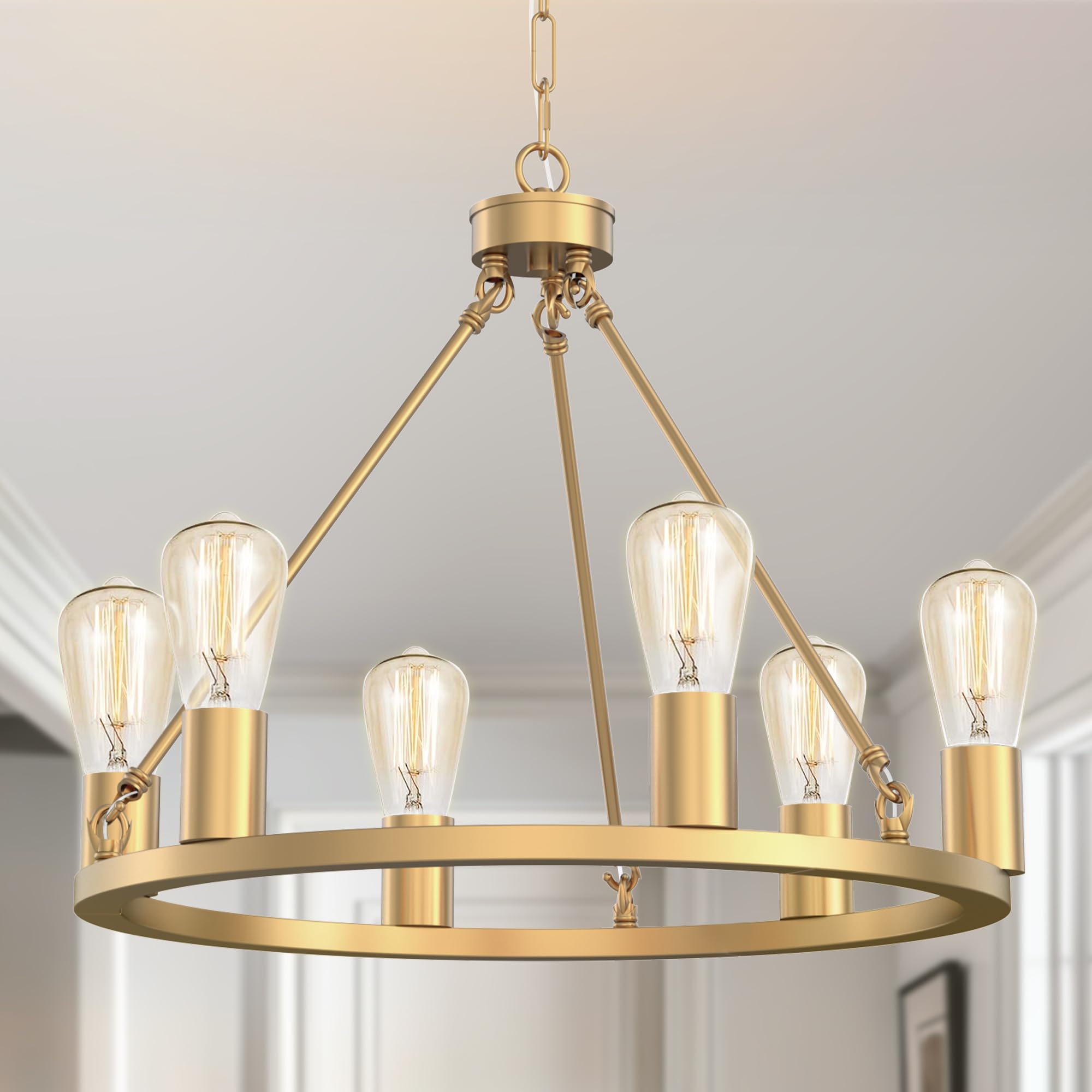 L LOHAS LED Gold Farmhouse Chandeliers for Dining Room, 6-Light Wagon Wheel Chandelier Over Table, Height Adjustable, 19" Dining Room Light Fixtures,