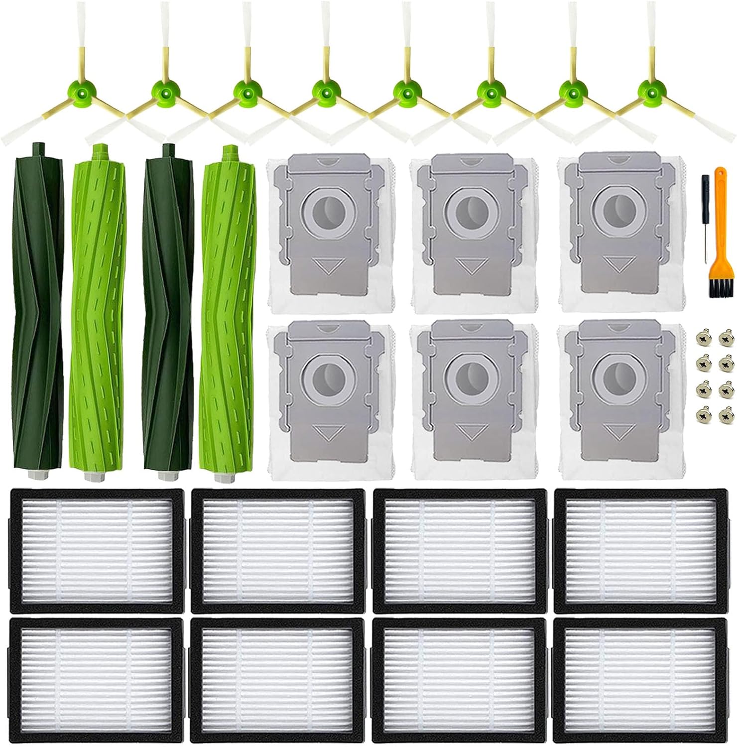 Replacement Parts for iRobot Roomba i3 i3+ i7 i7+ i4 i4+ i5 i5+ j5 j5+J7 i2 i6 i6+i8 i8+/Plus E5 E6 E7 I & E & J Series Vacuum Cleaner,2 Set Rubber Brushes,8 Filters,8 Side Brushes,6 Bags