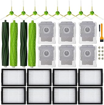 Replacement Parts for iRobot Roomba i3 i3+ i7 i7+ i4 i4+ i5 i5+ j5 j5+J7 i2 i6 i6+i8 i8+/Plus E5 E6 E7 I & E & J Series Vacuum Cleaner,2 Set Rubber Brushes,8 Filters,8 Side Brushes,6 Bags