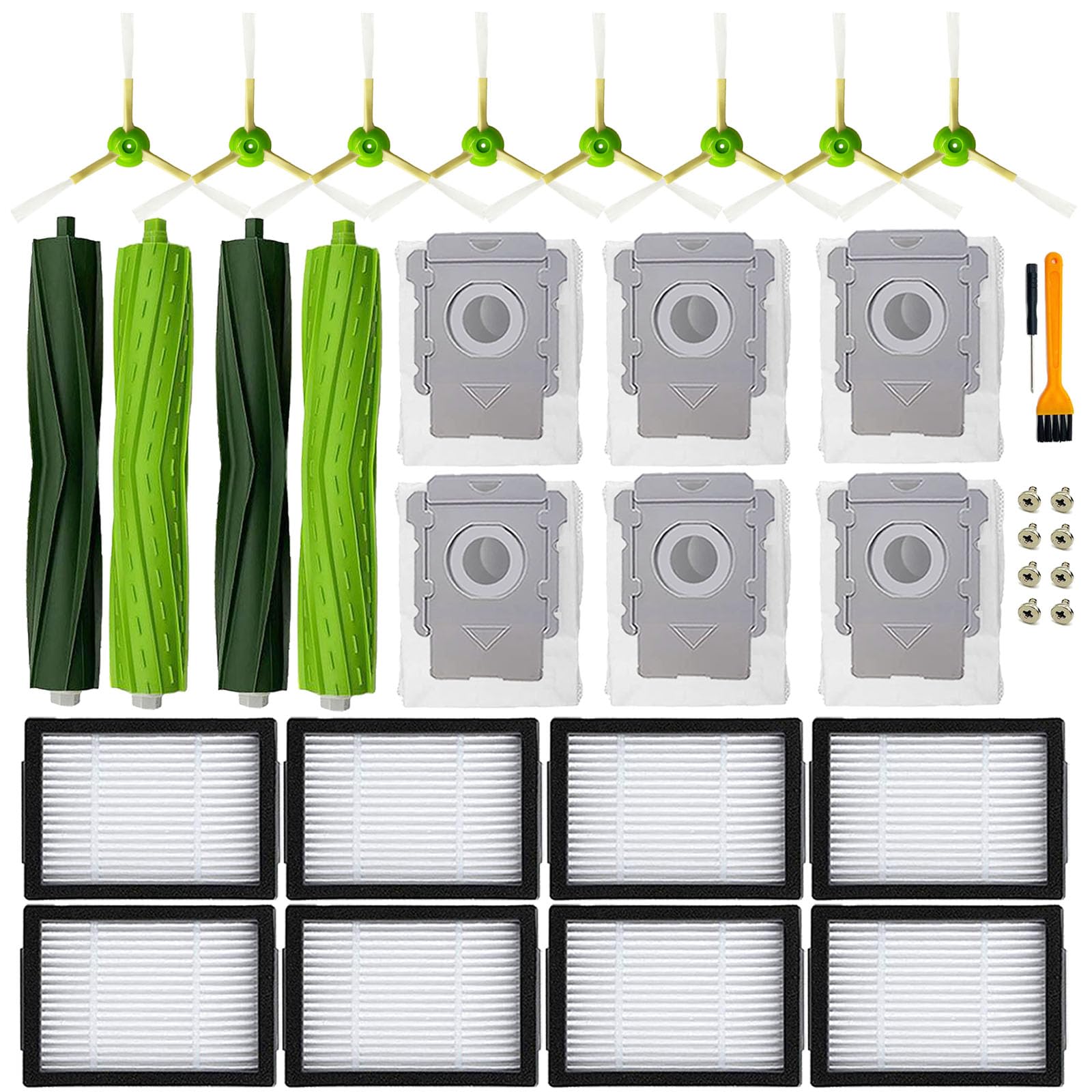 Replacement Parts for iRobot Roomba i3 i3+ i7 i7+ i4 i4+ i5 i5+ j5 j5+J7 i2 i6 i6+i8 i8+/Plus E5 E6 E7 I &amp; E &amp; J Series Vacuum Cleaner,2 Set Rubber Brushes,8 Filters,8 Side Brushes,6 Bags
